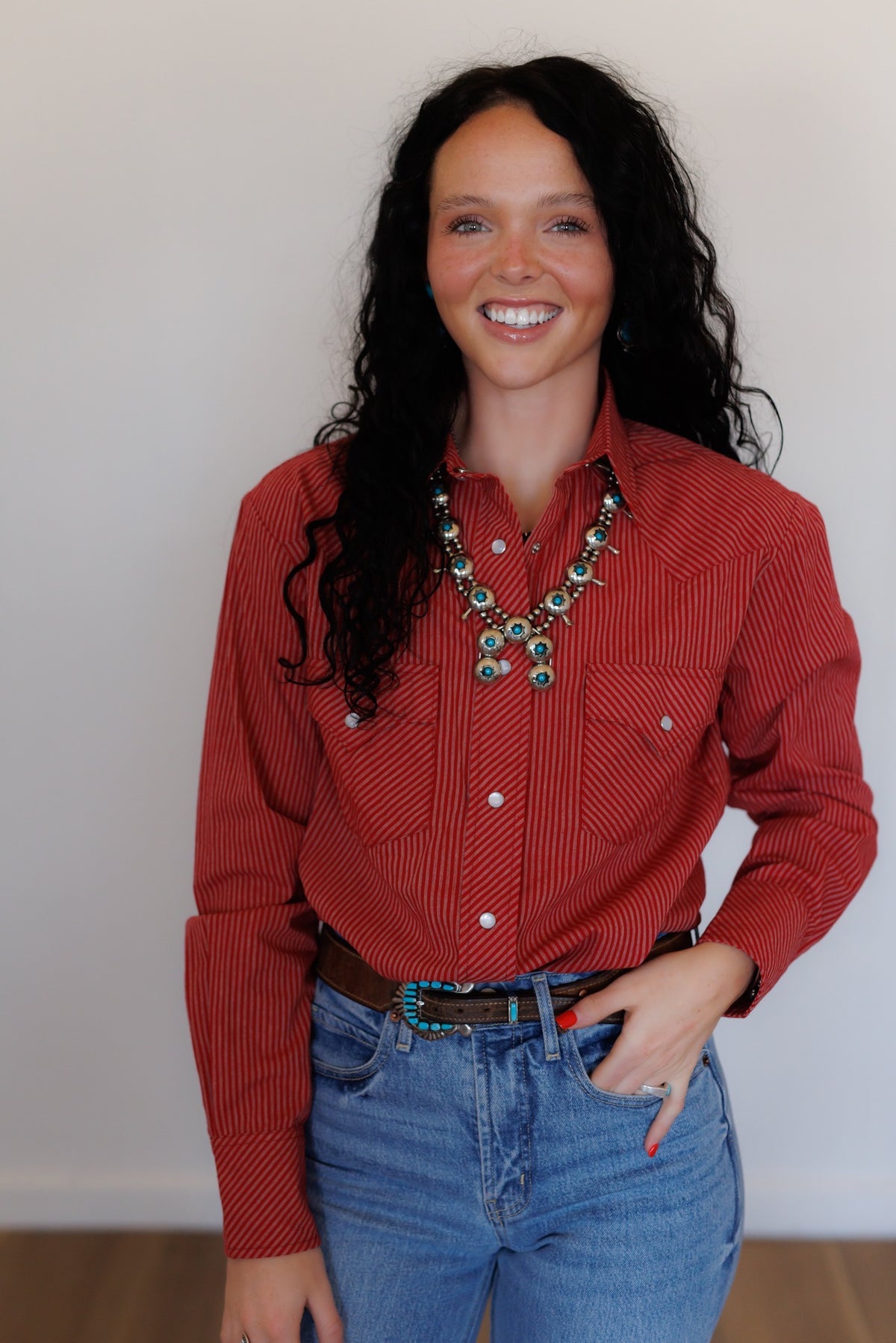 Red Stripe Long Sleeve Pearl Snap Shirt (HH19)