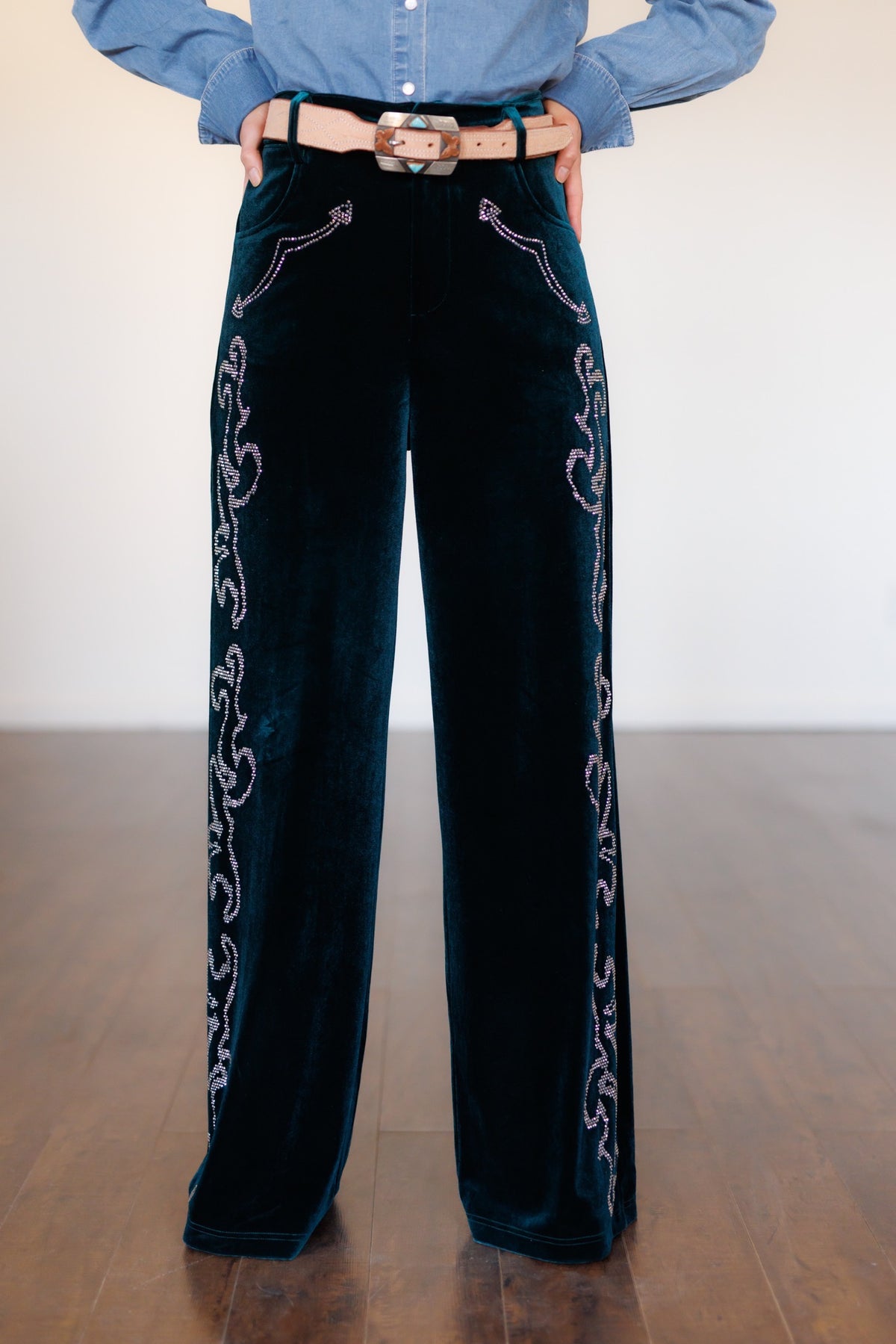 (PRE-ORDER)Green Velvet Bling Trousers HH221