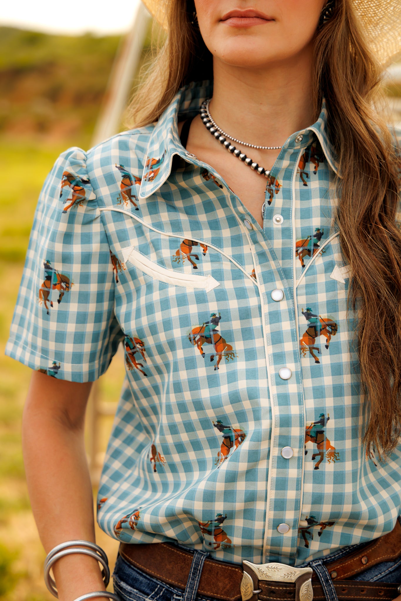 Pearl Snap, Teal Gingham Horse SS HH2707