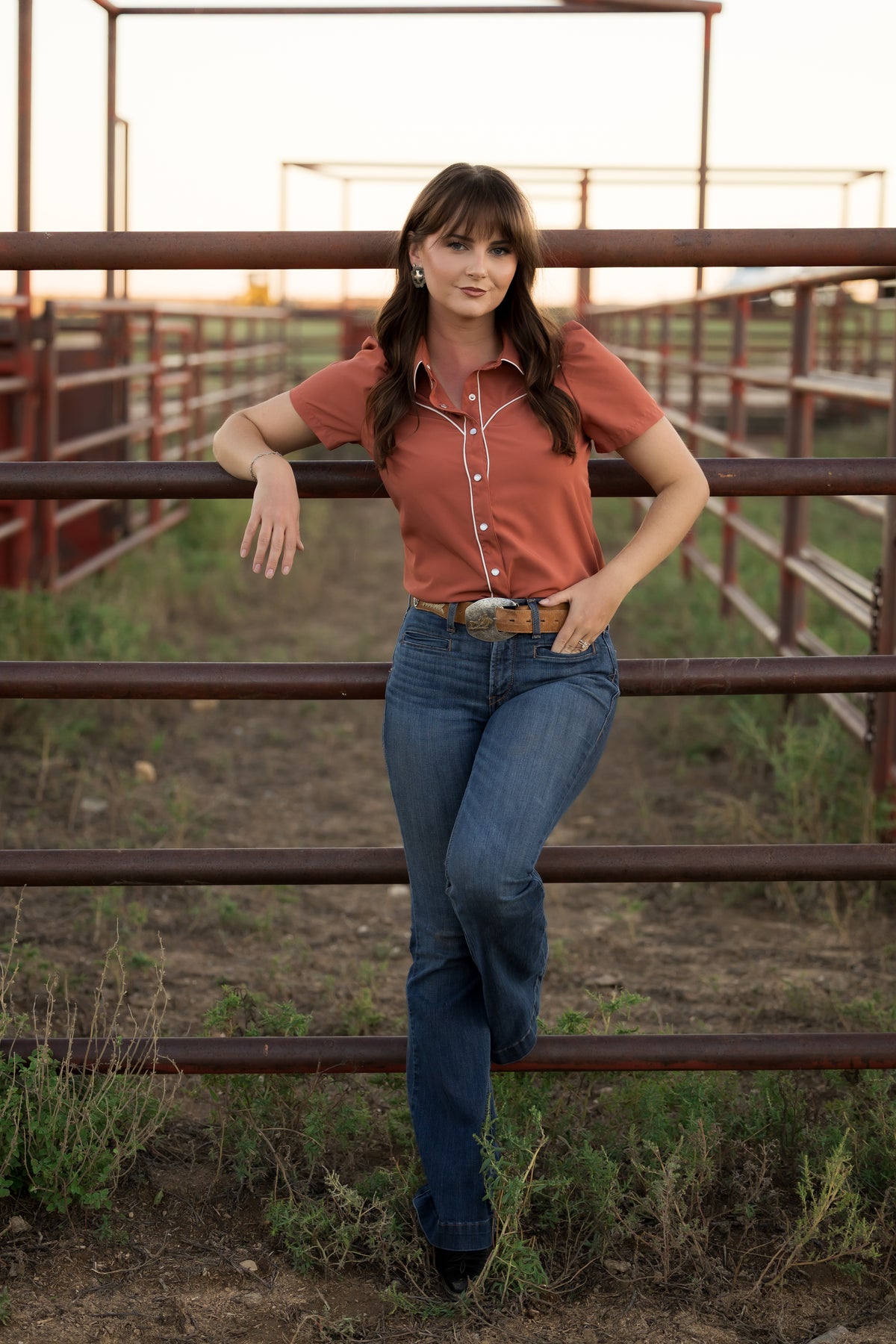 Rust Puff Short Sleeve Pearl Snap Shirt HH2705