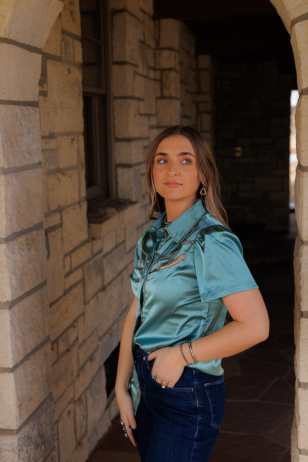 Pearl Snap, Aqua SS Satin HH2707