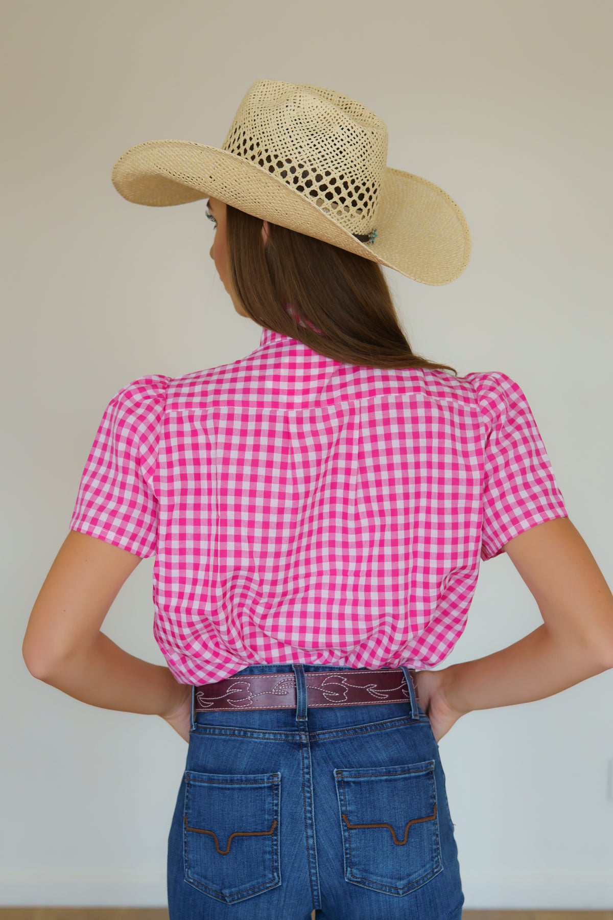 PINK GINGHAM Tie Top Shirt HH179