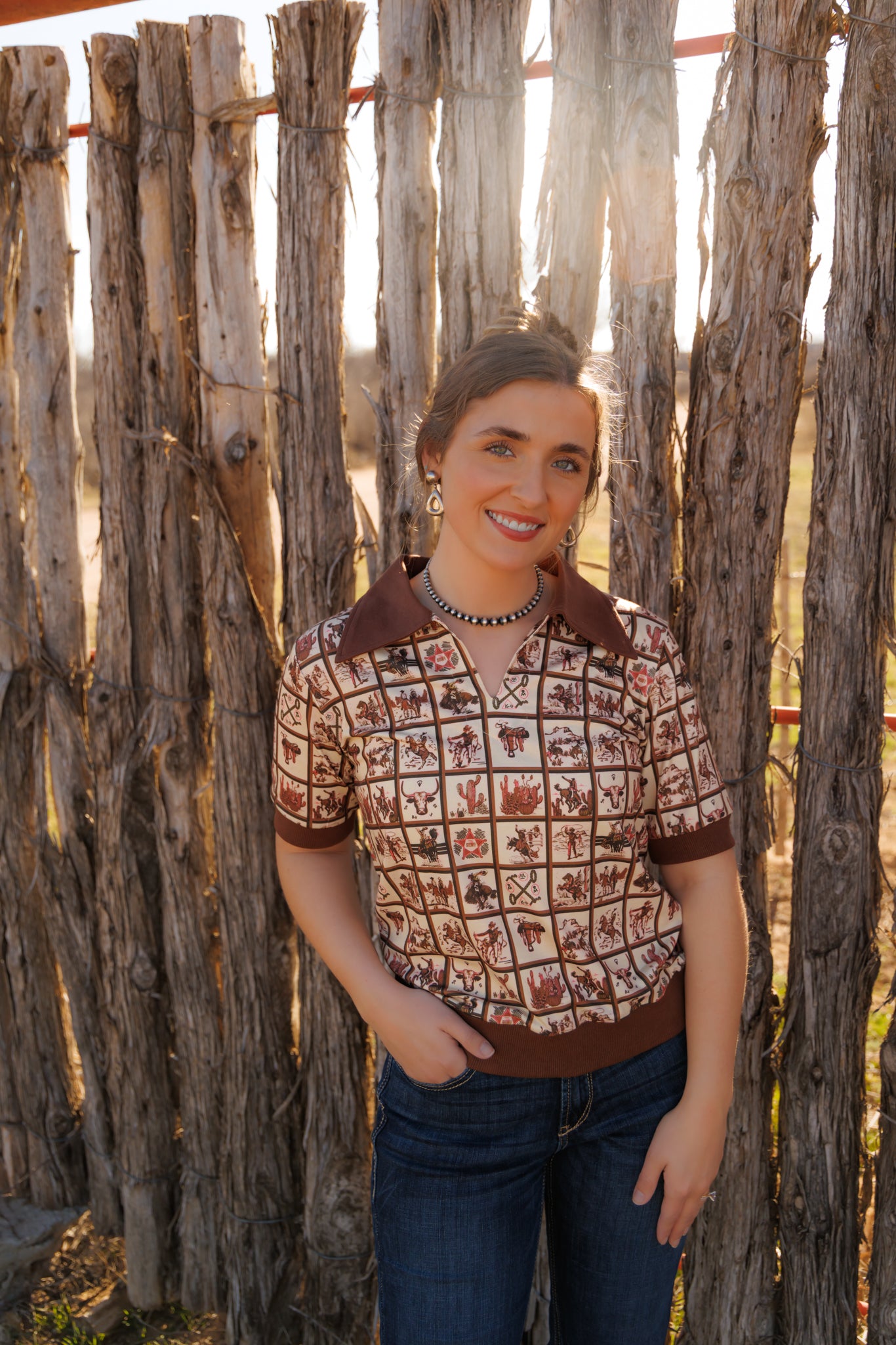 Top, Brown Western Square Polo HH2102