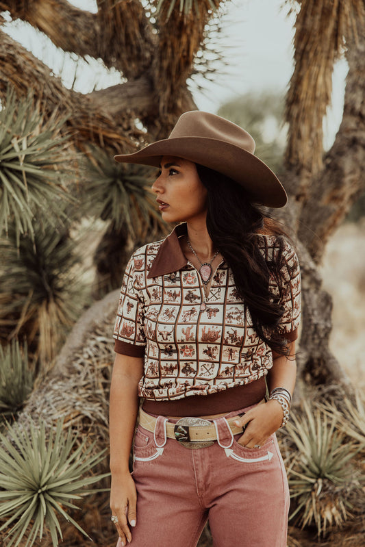 Top, Brown Western Square Polo HH2102