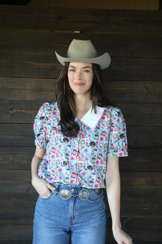 HH3024 FUNKY COWGIRL COLLAR PUFF SHORT SLEEVE BLOUSE