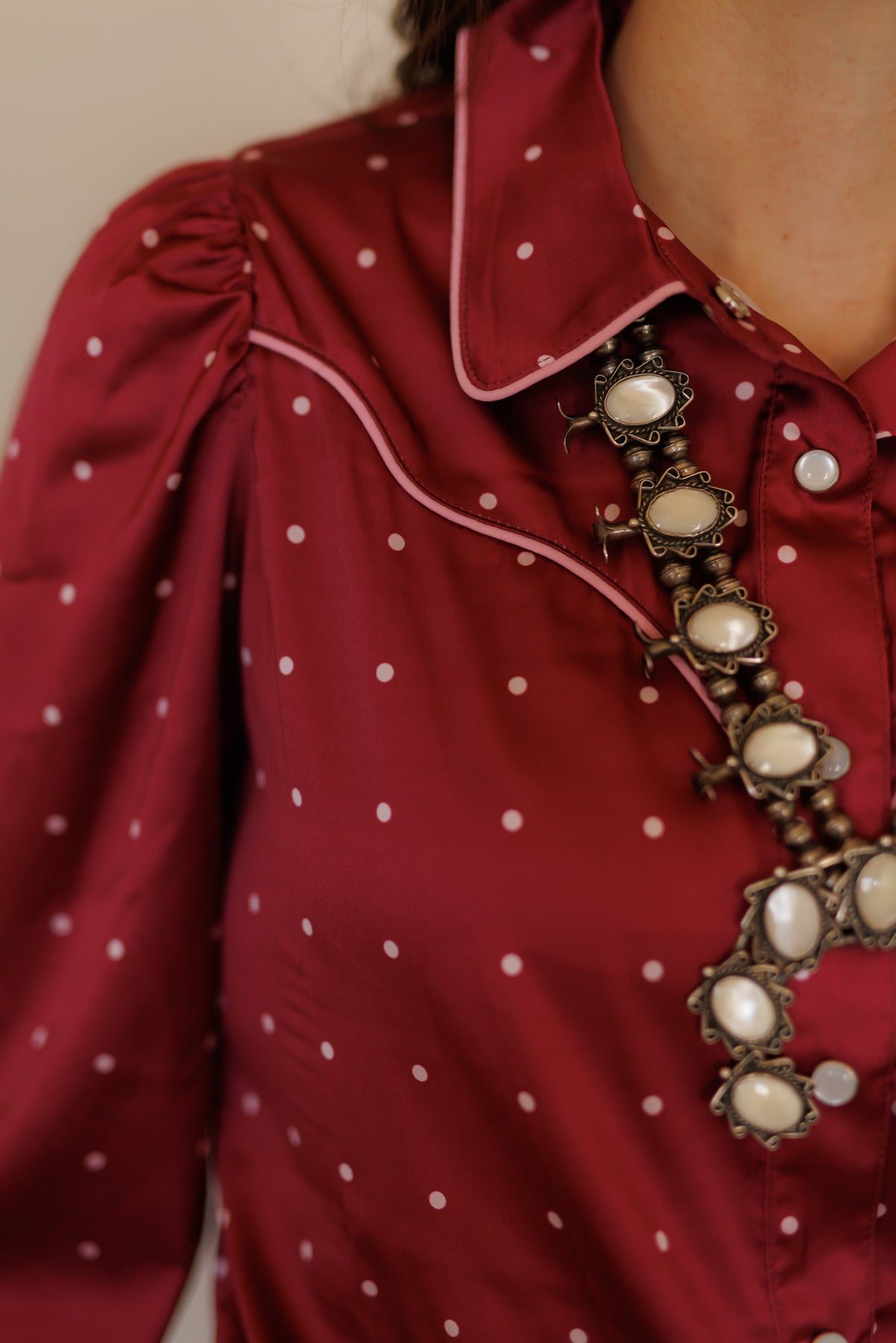 Berry/Pink Polka Dot Long Sleeve Pearl Snap Shirt HH2725