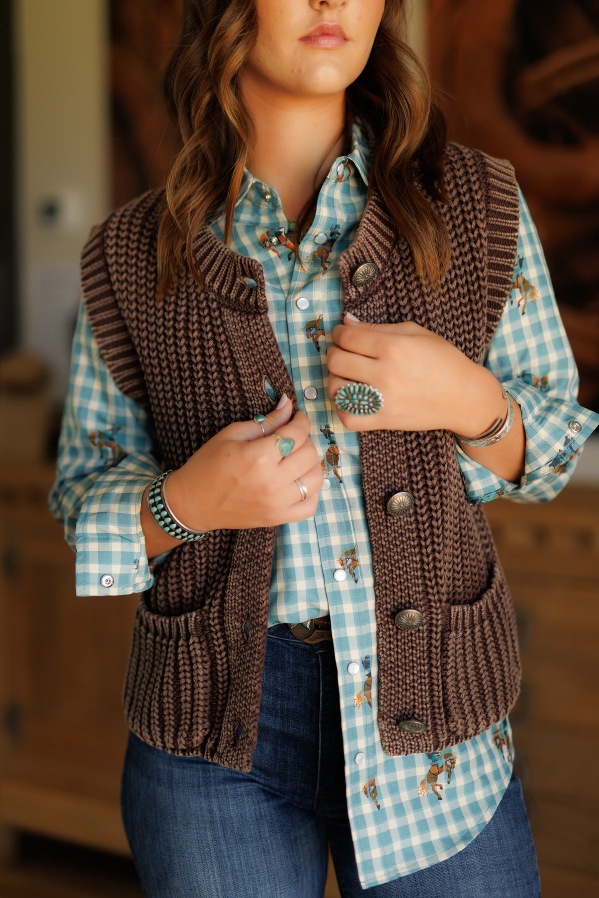 Brown Corded Sweater Vest Concho (HH2604)