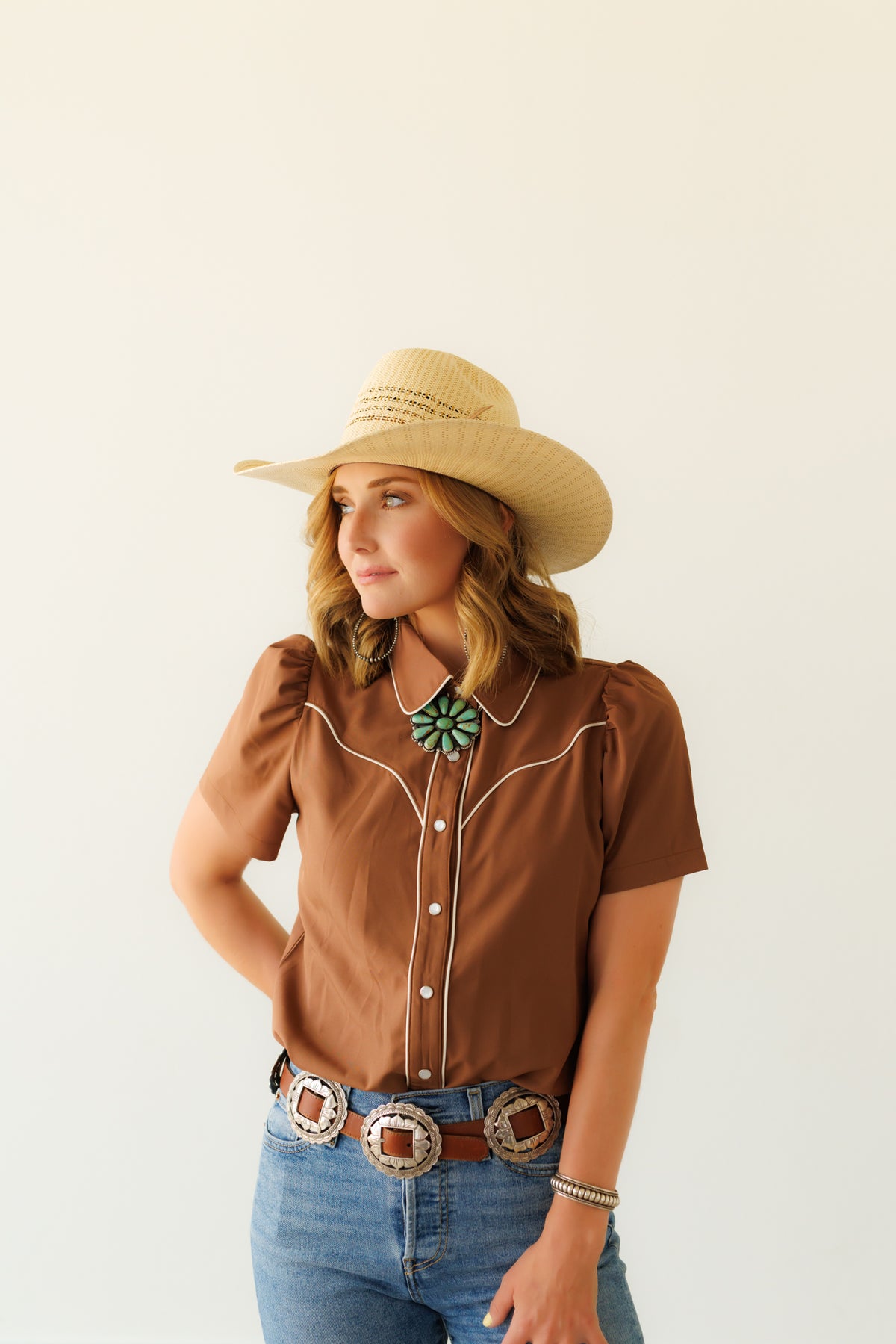Pearl Snap, Brown Puff Short Sleeve HH2705