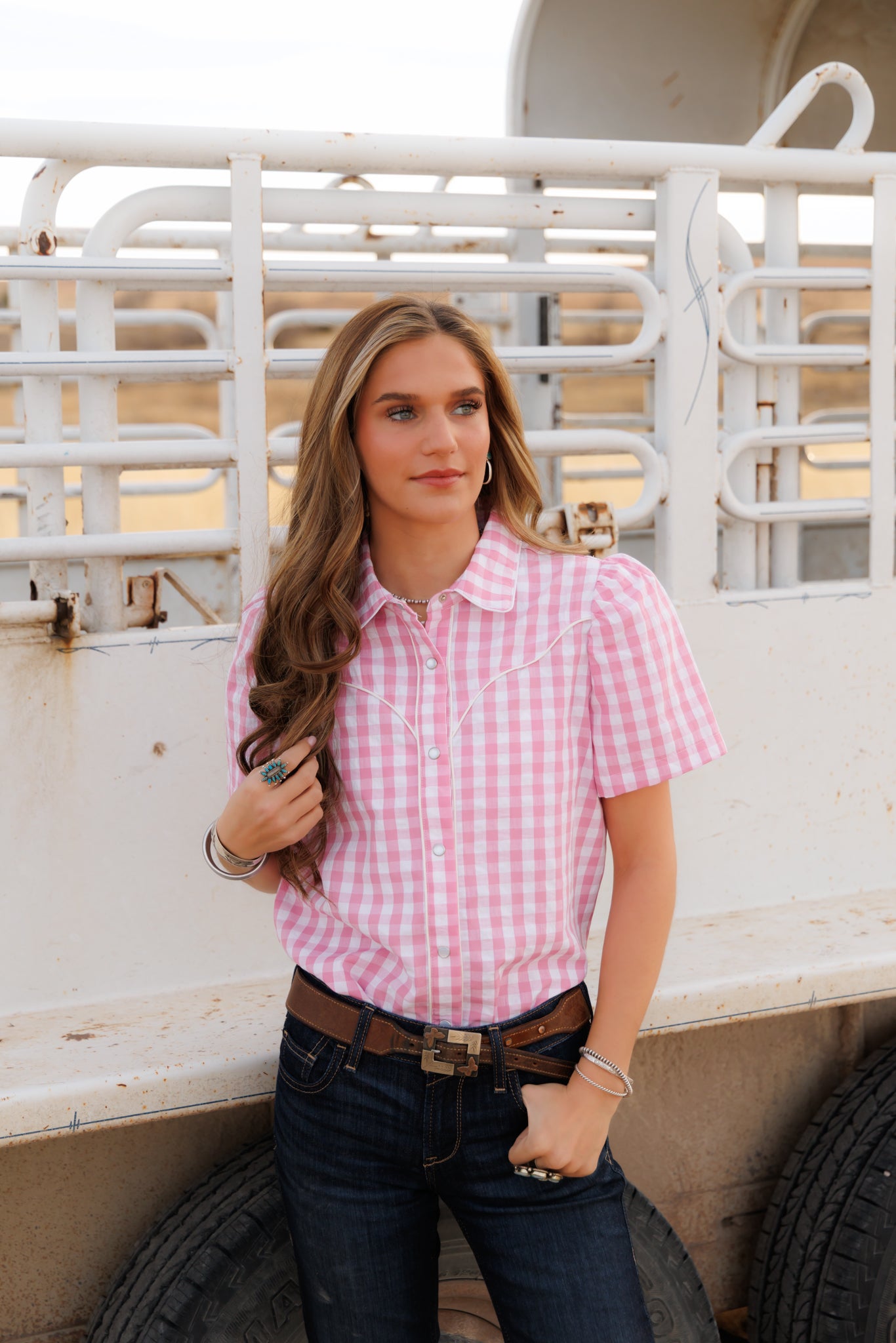 Pearl Snap, Pink Gingham Puff Short Sleeve HH2705
