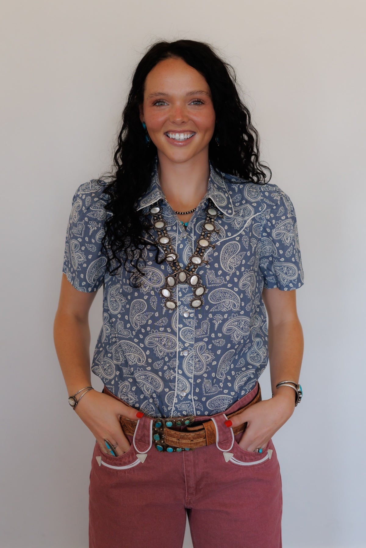 Blue Bandana Puff Short Sleeve Pearl Snap Shirt  (HH2705)