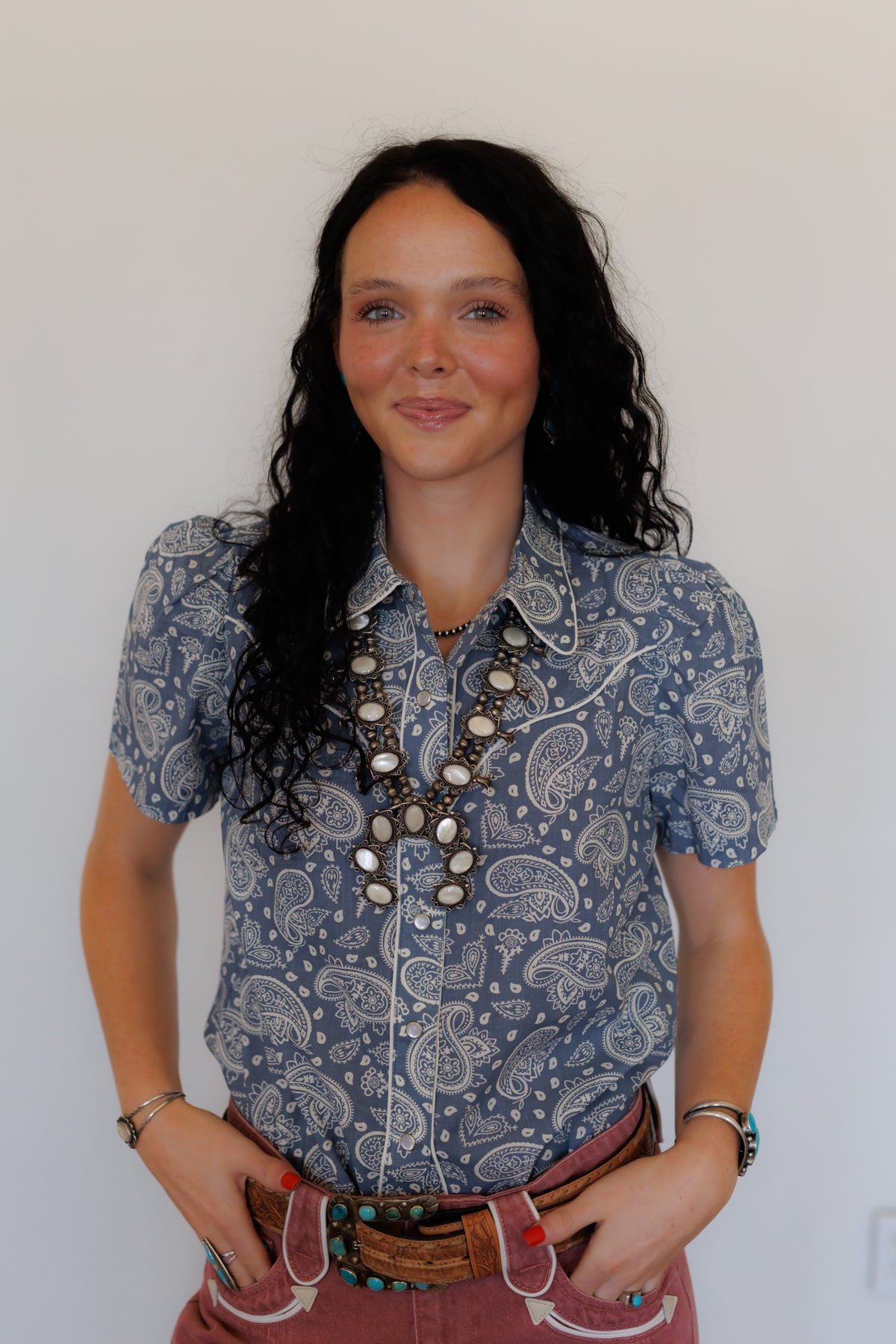 Blue Bandana Puff Short Sleeve Pearl Snap Shirt  (HH2705)