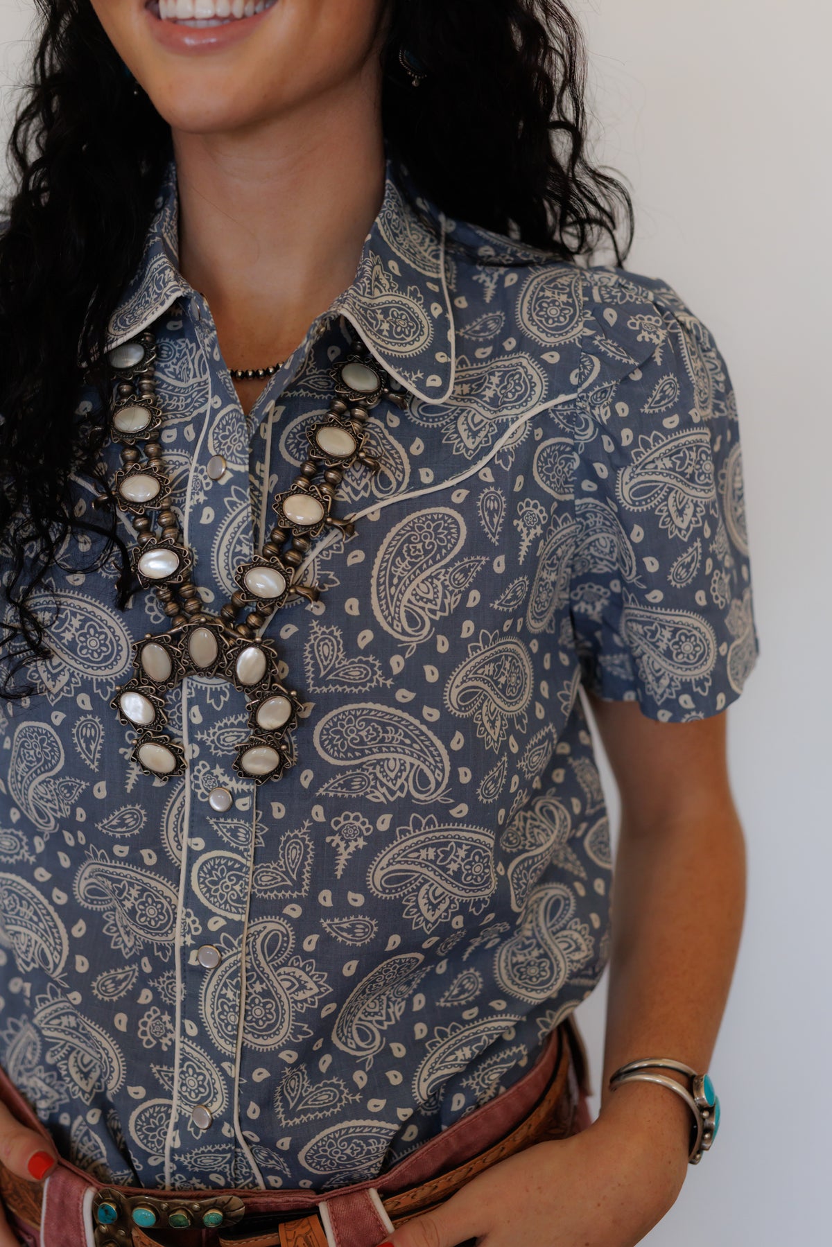 Blue Bandana Puff Short Sleeve Pearl Snap Shirt  (HH2705)