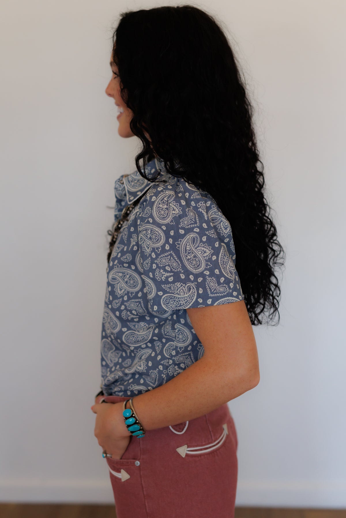 Blue Bandana Puff Short Sleeve Pearl Snap Shirt  (HH2705)