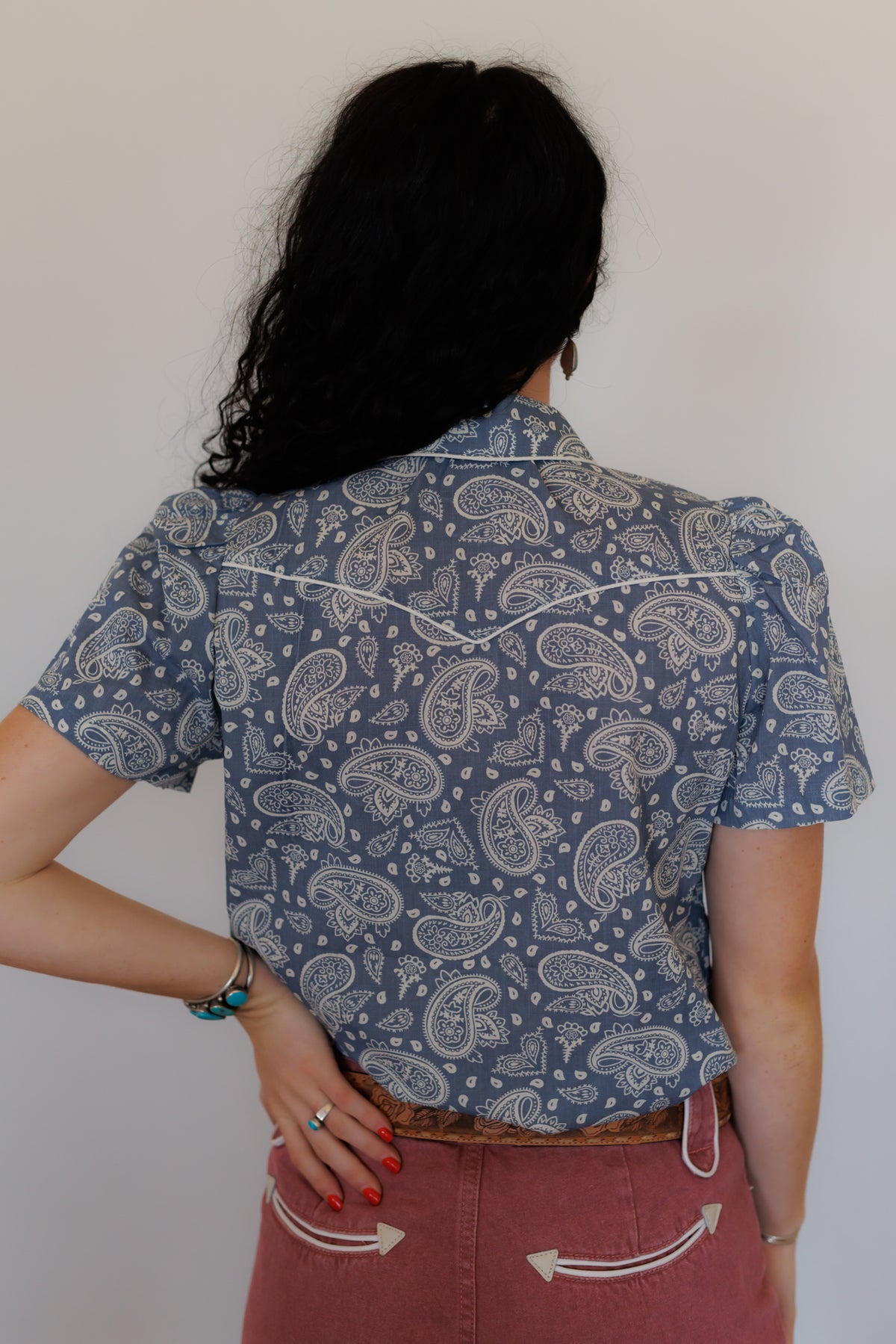 Blue Bandana Puff Short Sleeve Pearl Snap Shirt  (HH2705)