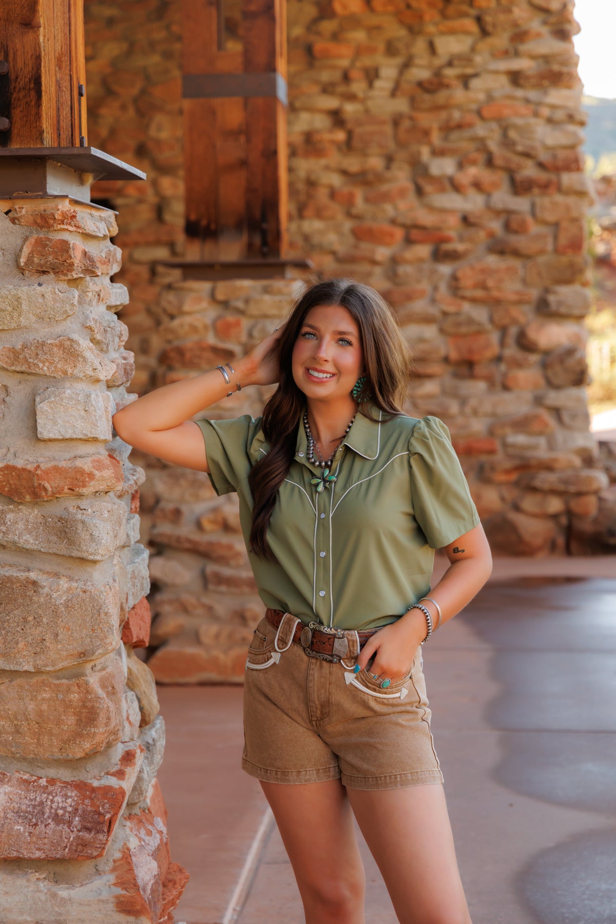Olive Puff Short Sleeve Pearl Snap Shirt (HH2705)