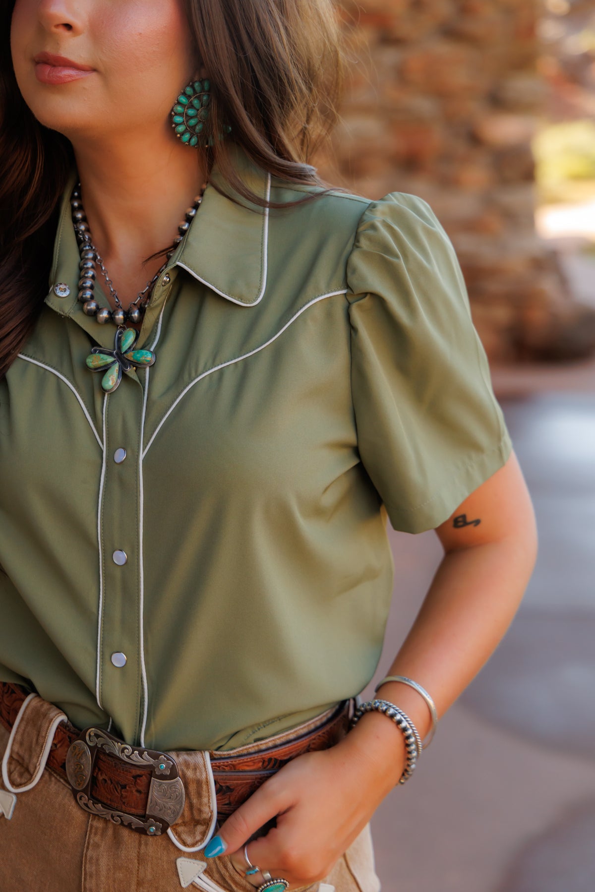 Olive Puff Short Sleeve Pearl Snap Shirt (HH2705)