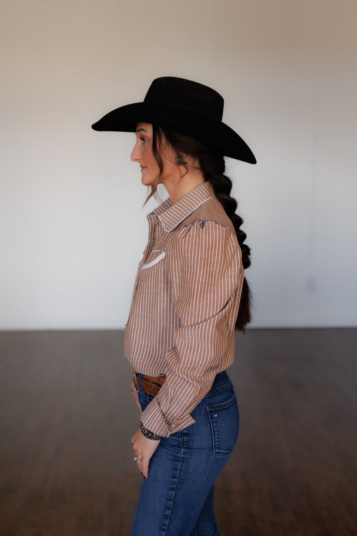 Brown Stripe Pearl Snap Long Sleeve HH2708
