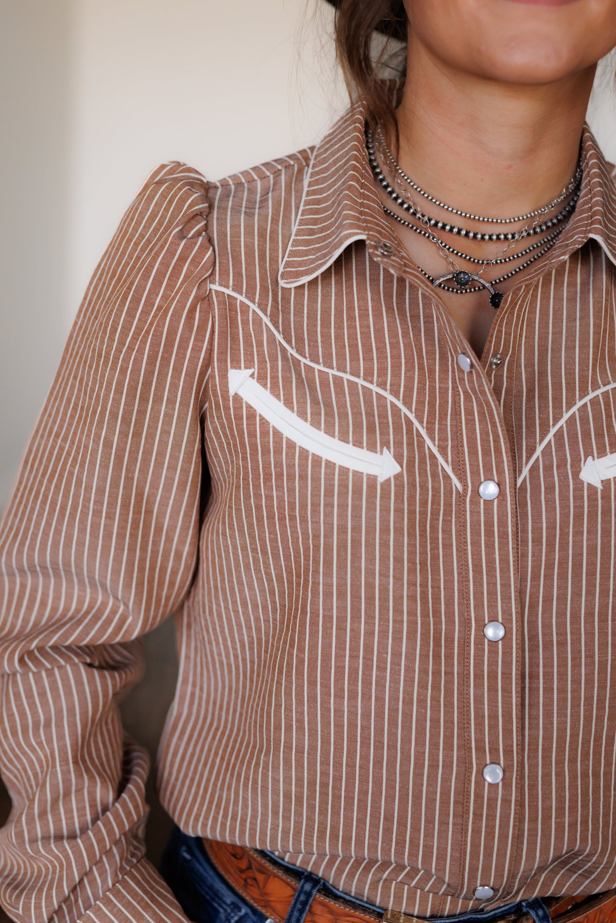 Brown Stripe Pearl Snap Long Sleeve HH2708
