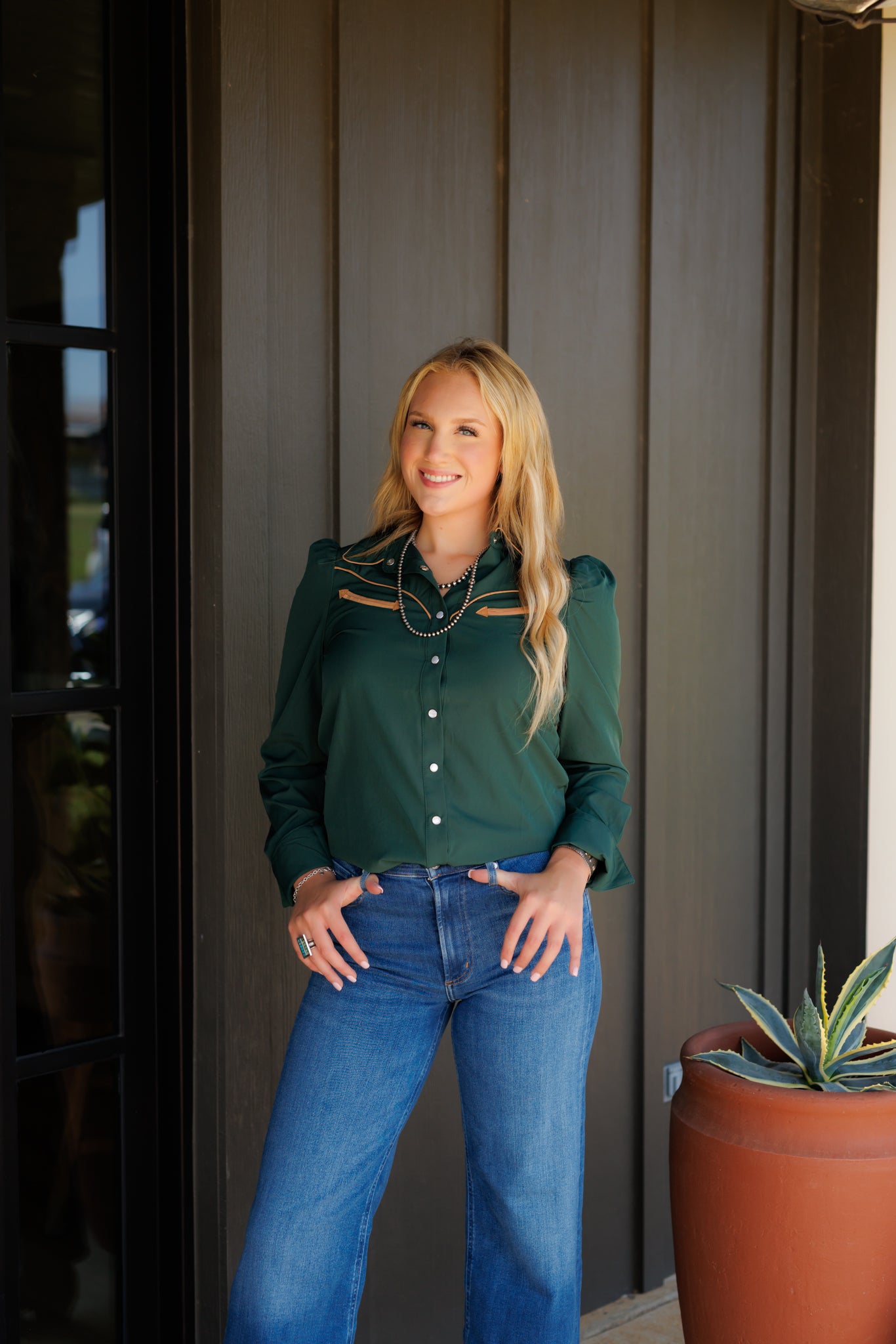 Pearl Snap, Forrest Green/Tan LS HH2708