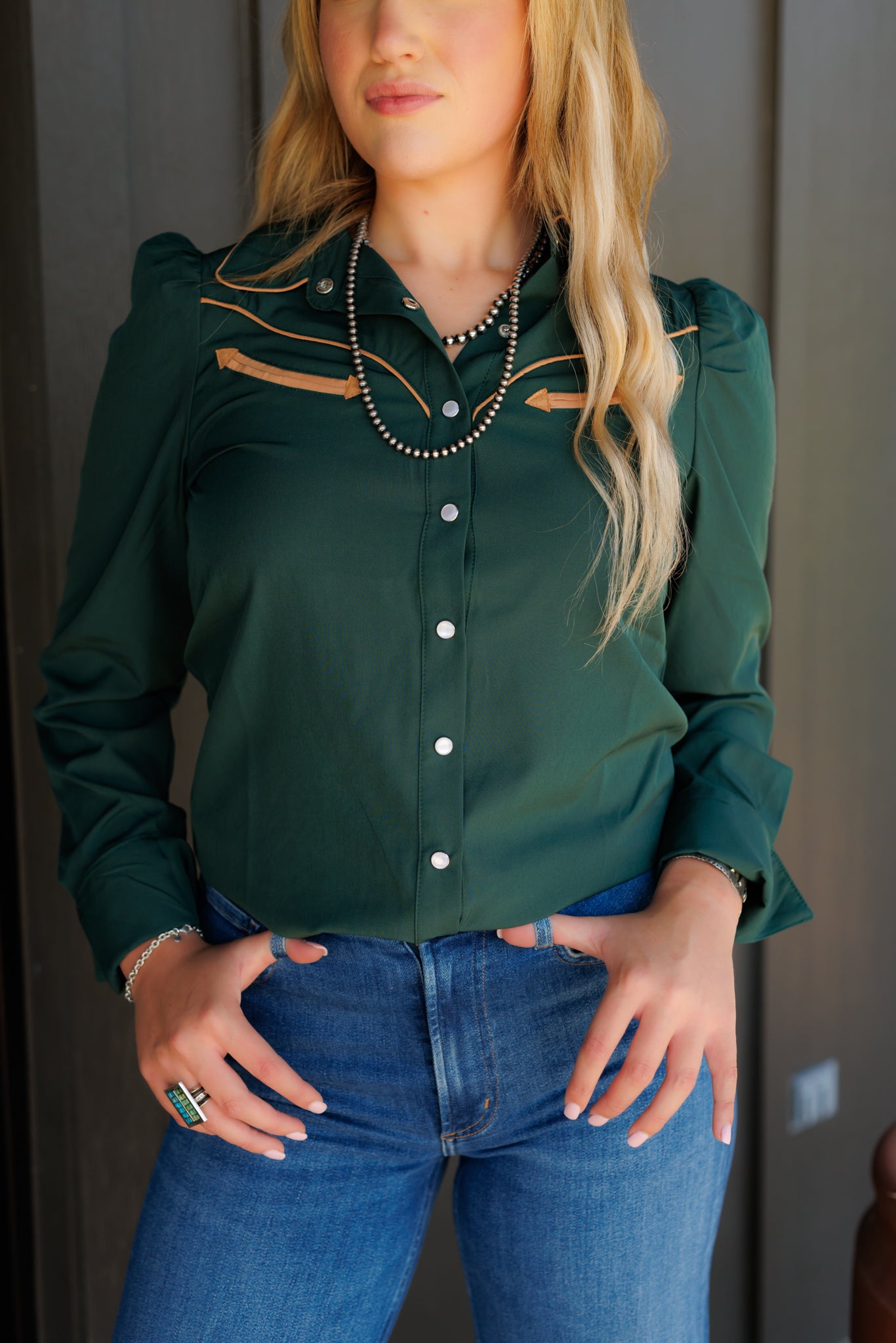 Pearl Snap, Forrest Green/Tan LS HH2708