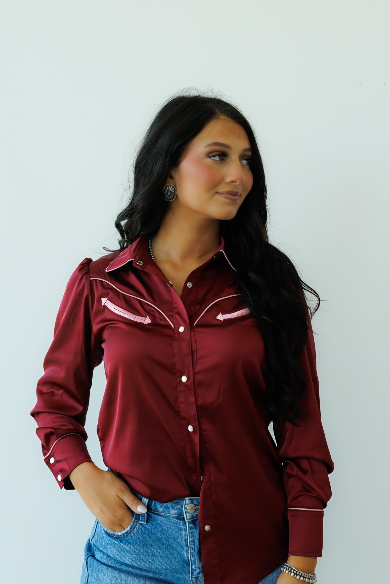 Pearl Snap, Wine/Pink Satin LS HH2708