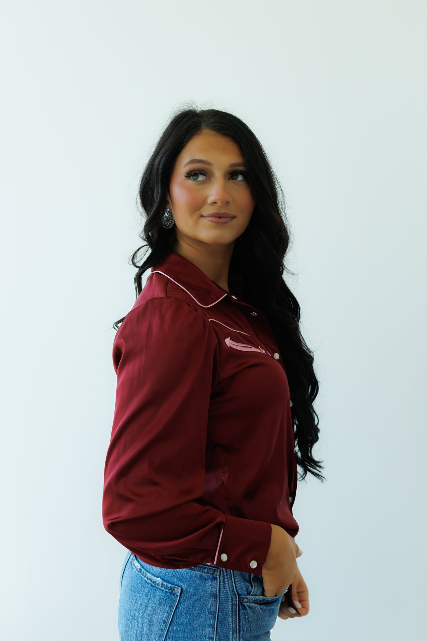 Pearl Snap, Wine/Pink Satin LS HH2708