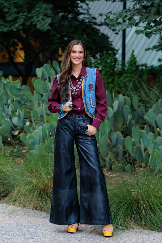 Pants, Wide Leg Black Leather HH8900