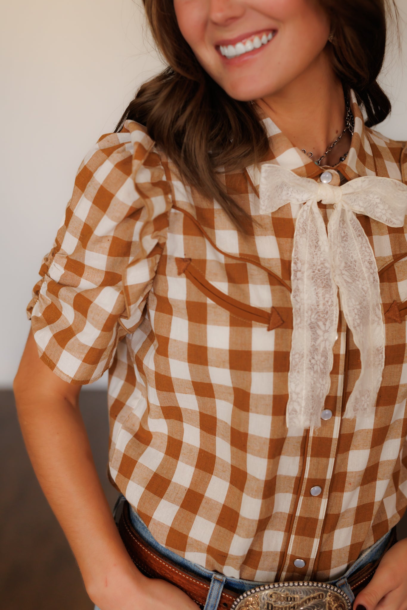 Pearl Snap, Brown Gingham Ruffle Sleeve HH2735