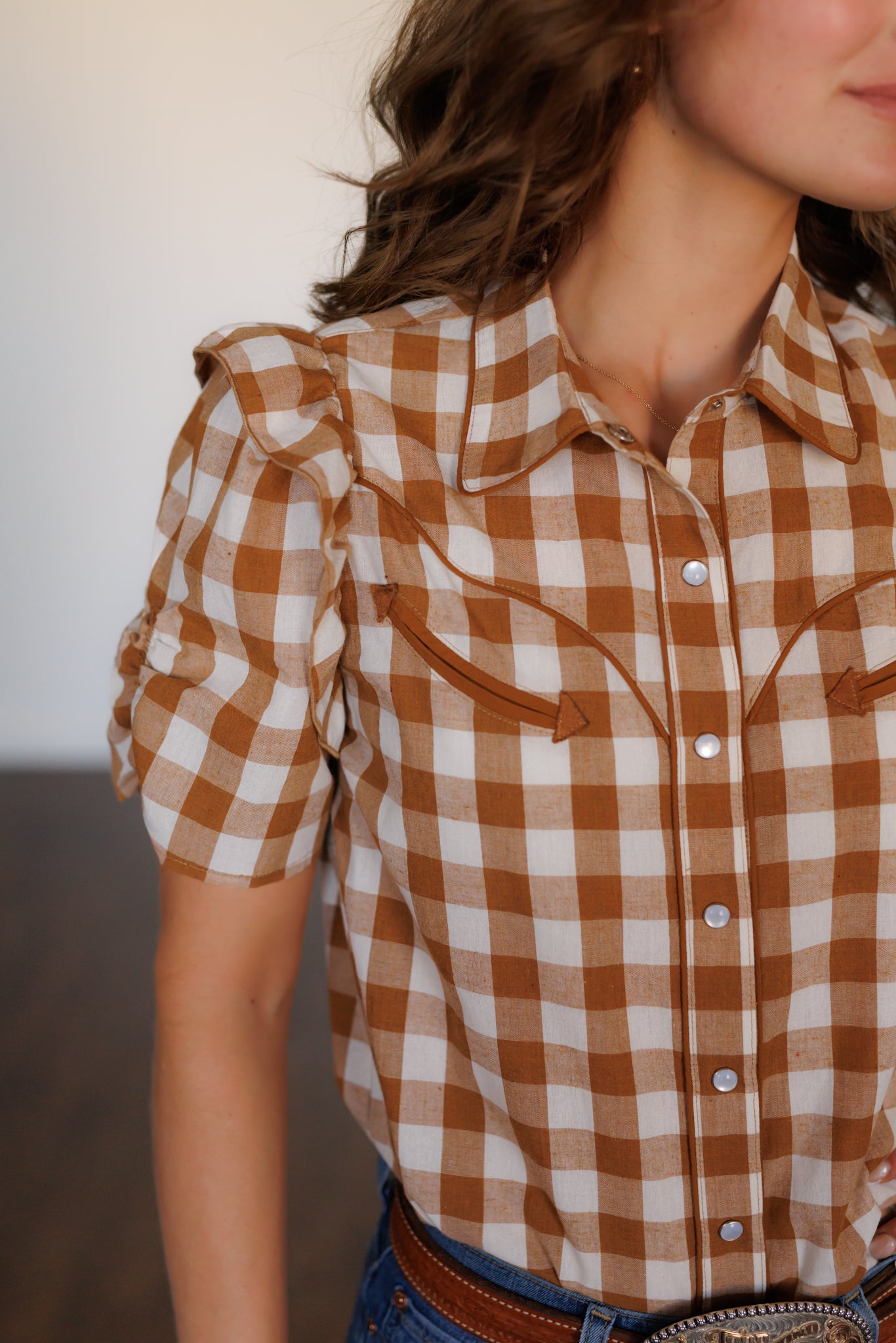 Pearl Snap, Brown Gingham Ruffle Sleeve HH2735