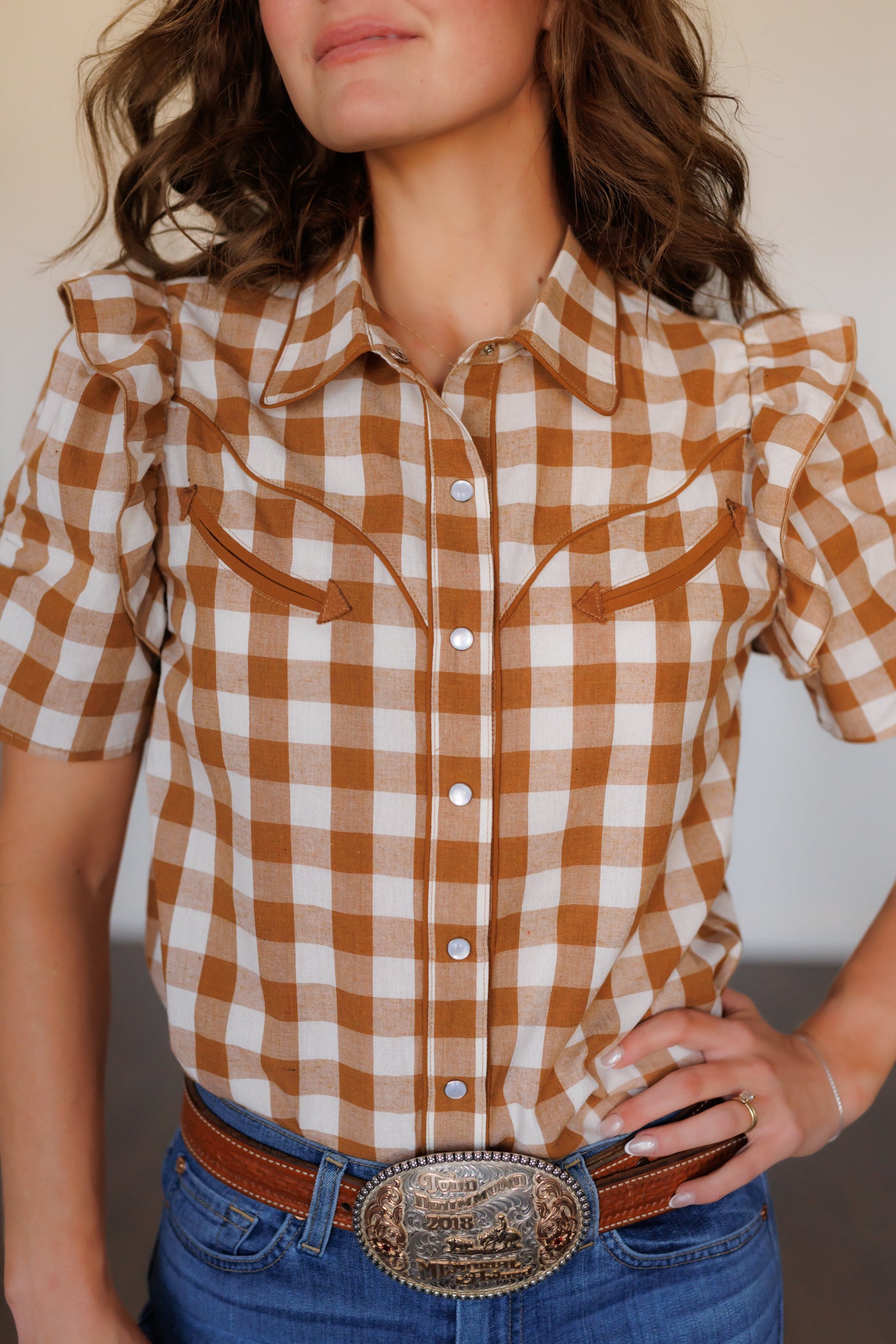 Pearl Snap, Brown Gingham Ruffle Sleeve HH2735