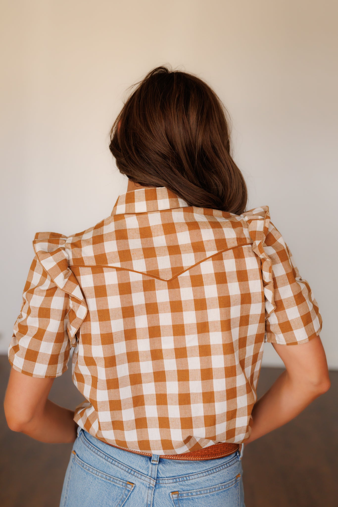Pearl Snap, Brown Gingham Ruffle Sleeve HH2735