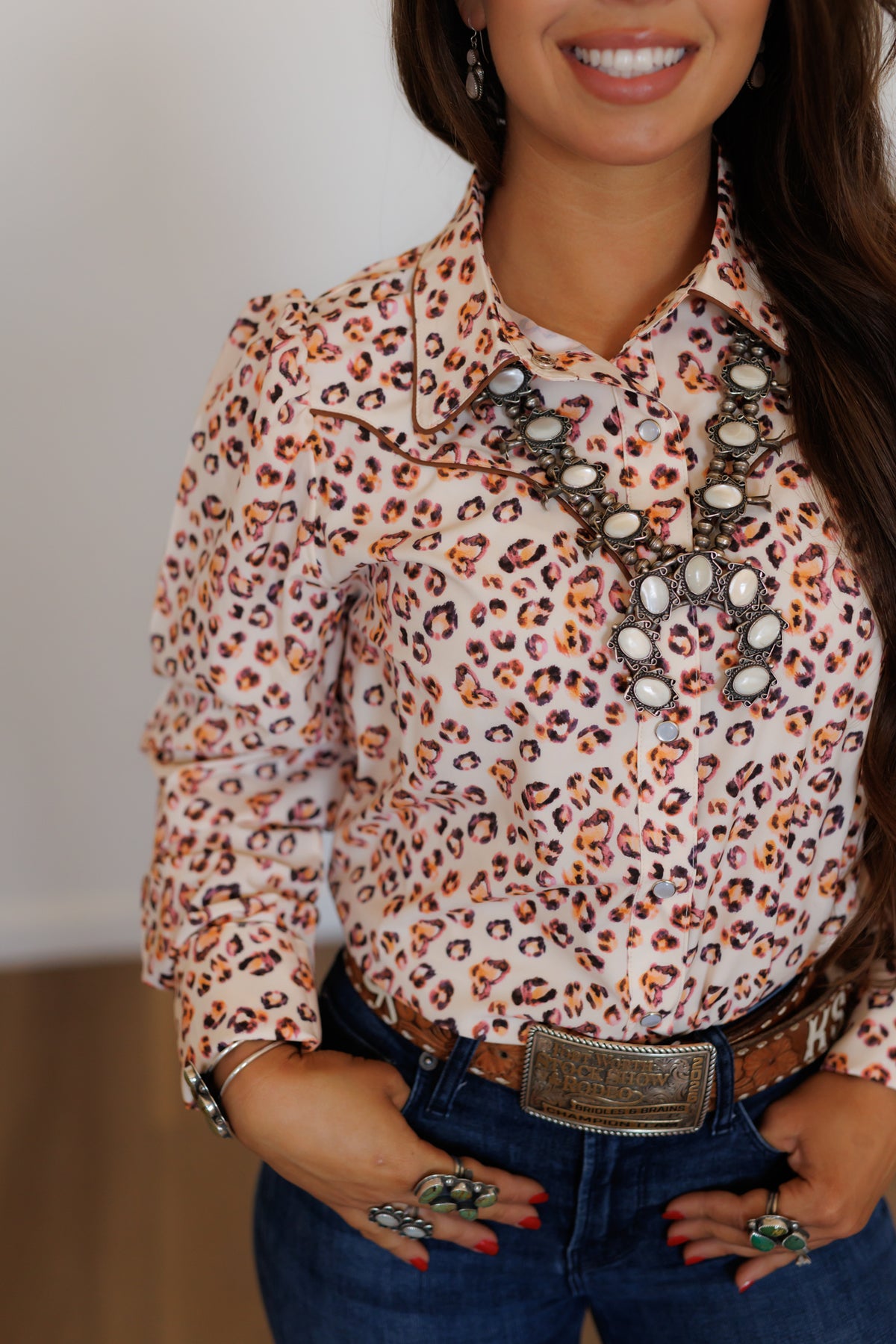 Brown Orange Leopard Performance Long Sleeve Pearl Snap