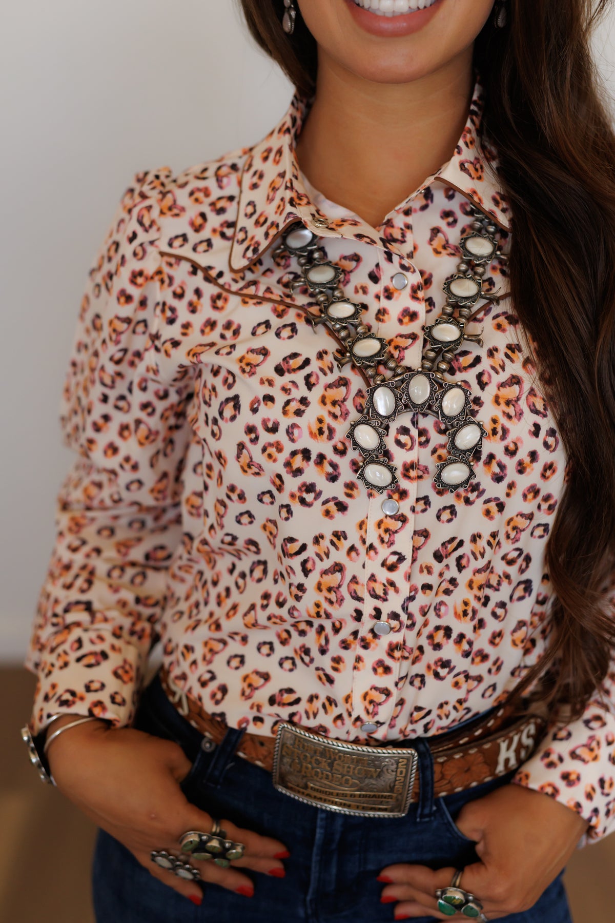 Brown Orange Leopard Performance Long Sleeve Pearl Snap