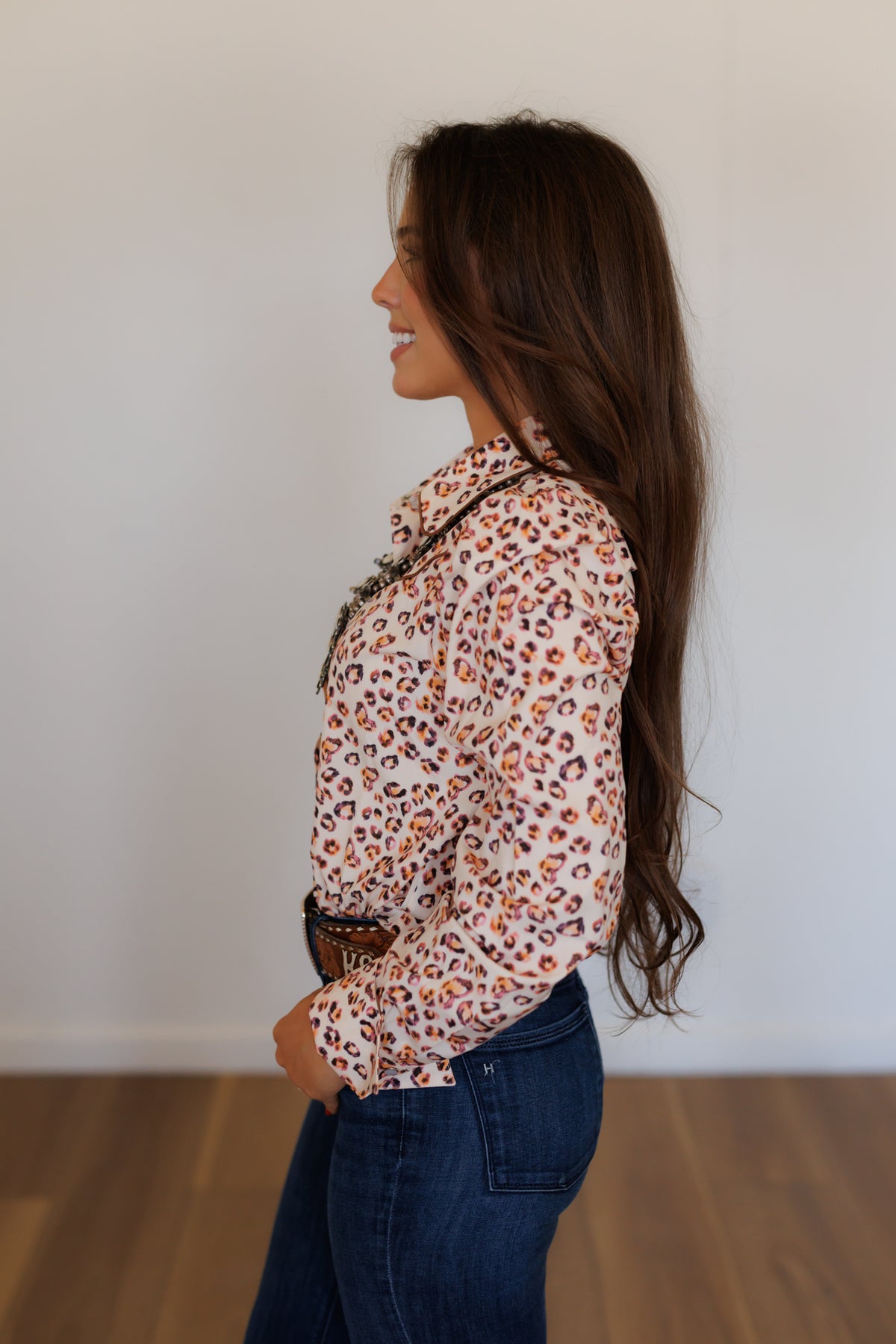 Brown Orange Leopard Performance Long Sleeve Pearl Snap