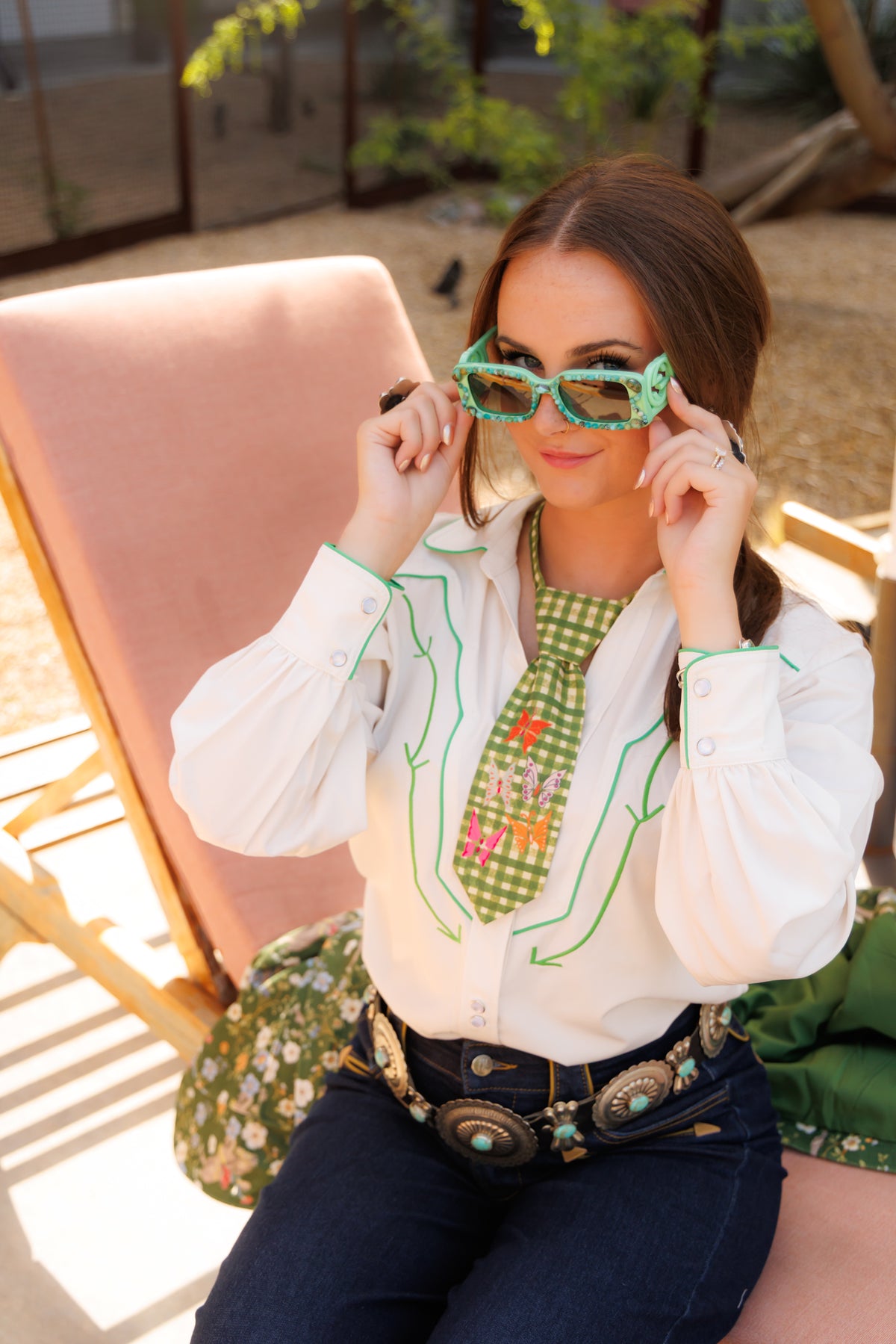 Butterfly Green Gingham Short Tie MM101