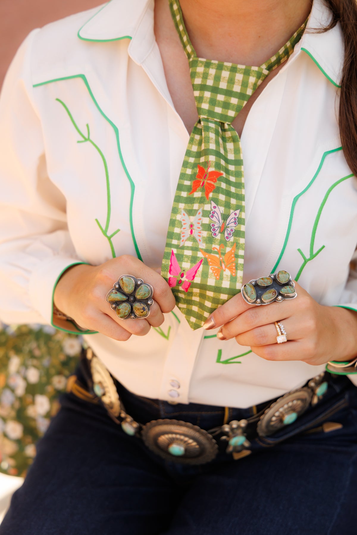 Butterfly Green Gingham Short Tie MM101