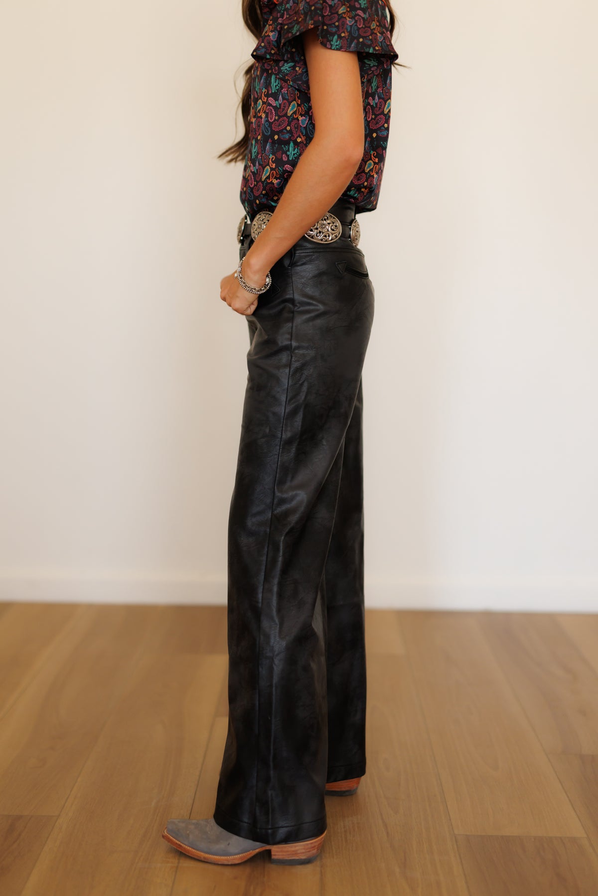 Pants, Wide Leg Black Leather HH8900