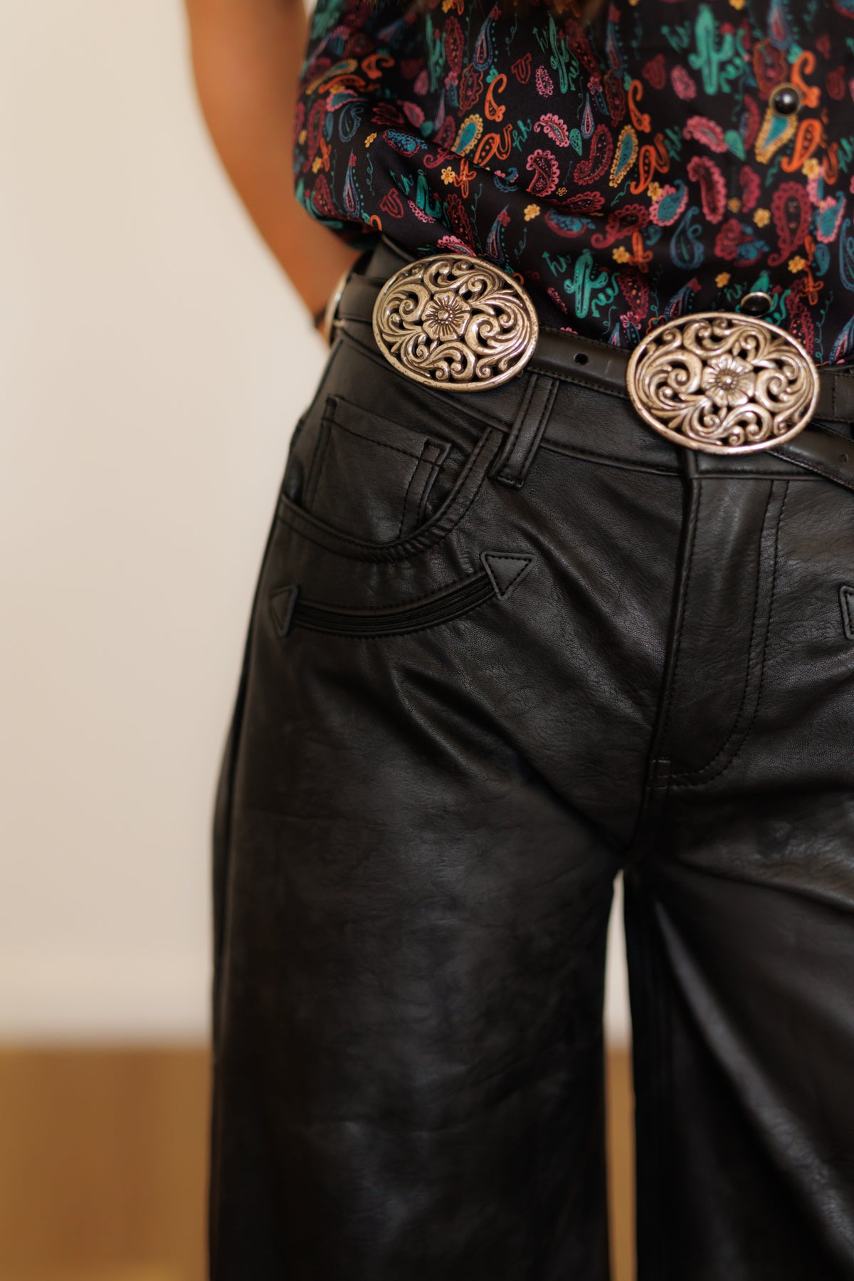 Pants, Wide Leg Black Leather HH8900