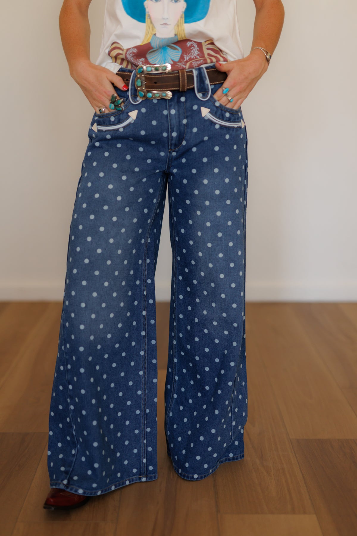 Denim Polka Dot Wide Leg Jeans (HH8900)