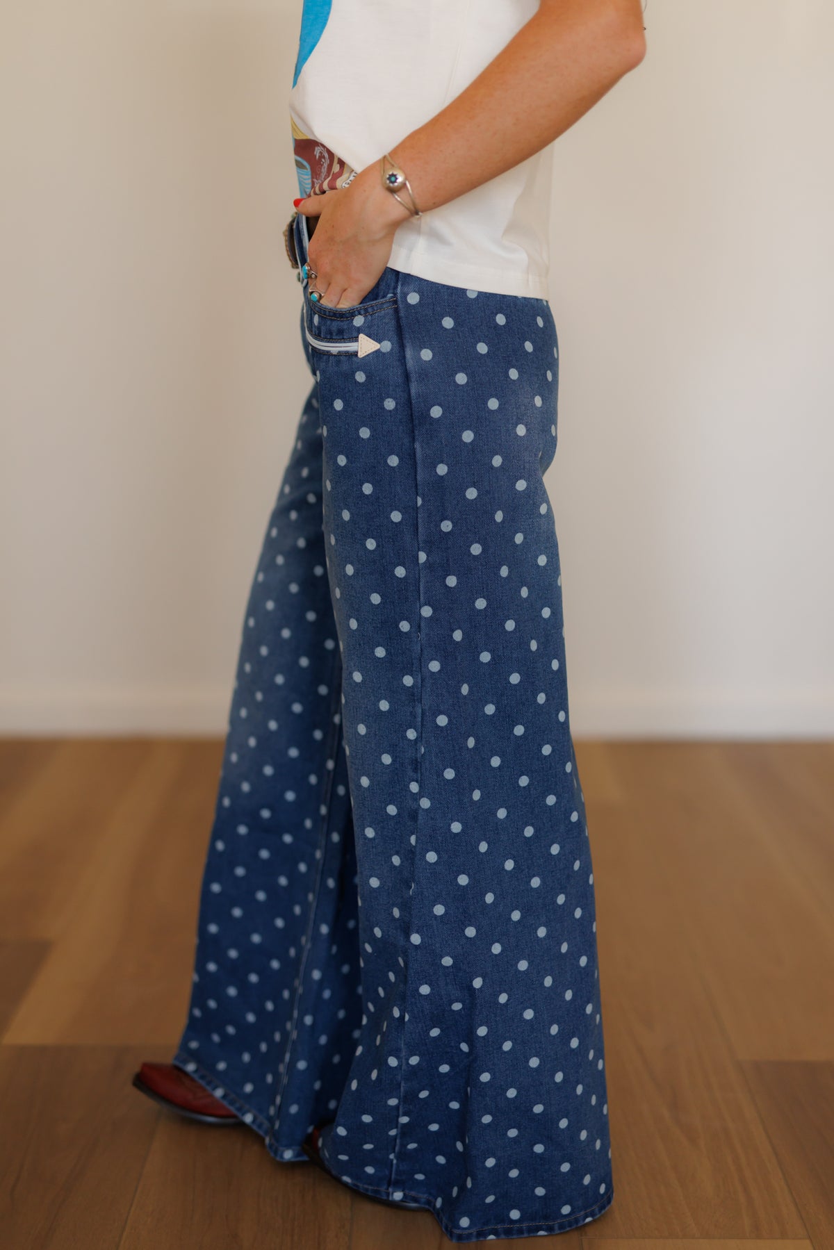 Denim Polka Dot Wide Leg Jeans (HH8900)