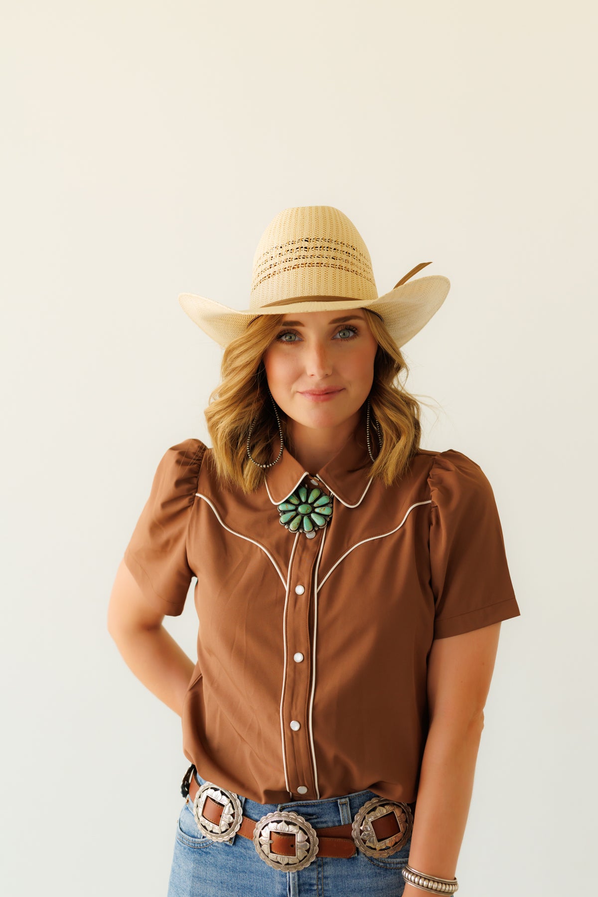 Pearl Snap, Brown Puff Short Sleeve HH2705