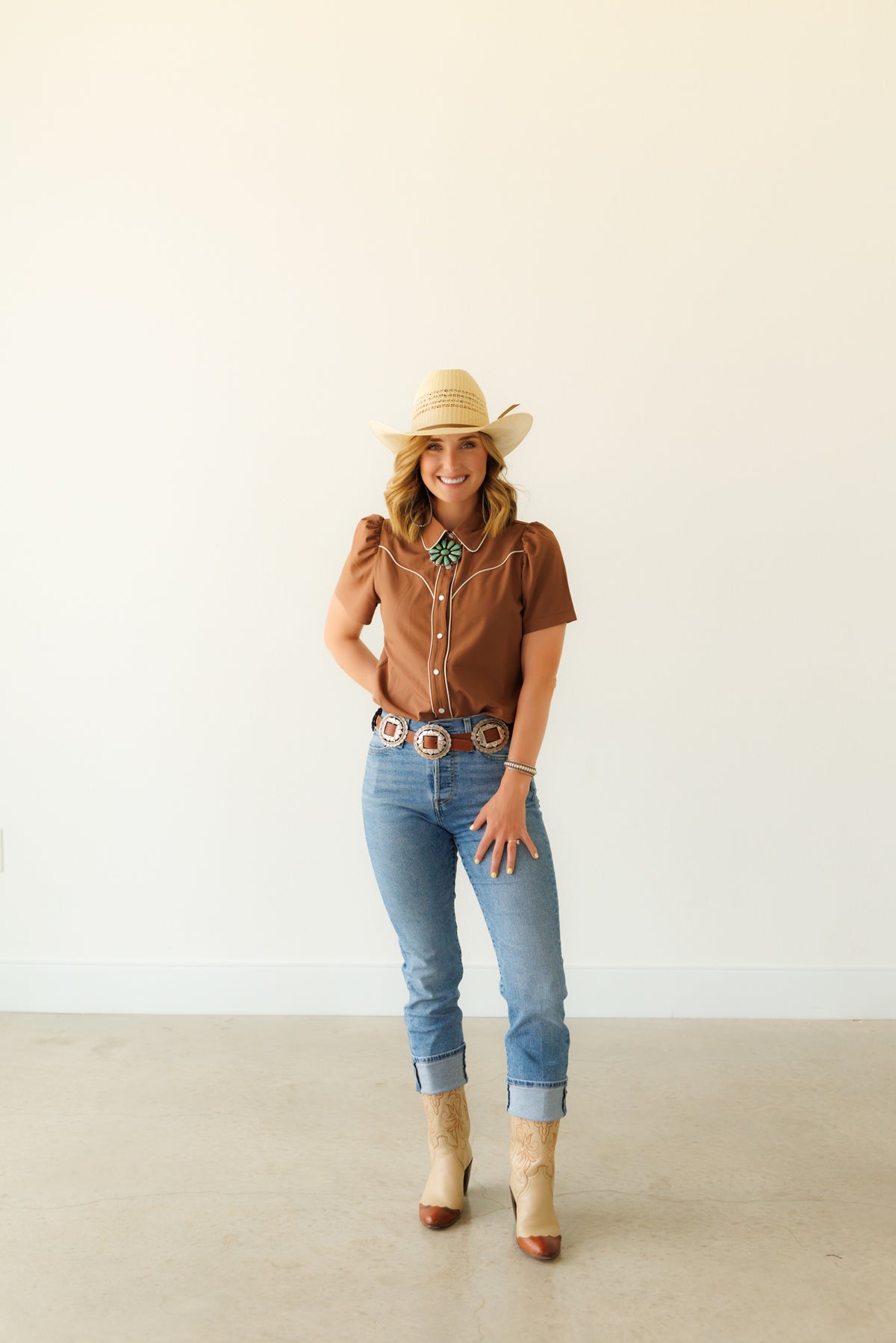 Pearl Snap, Brown Puff Short Sleeve HH2705