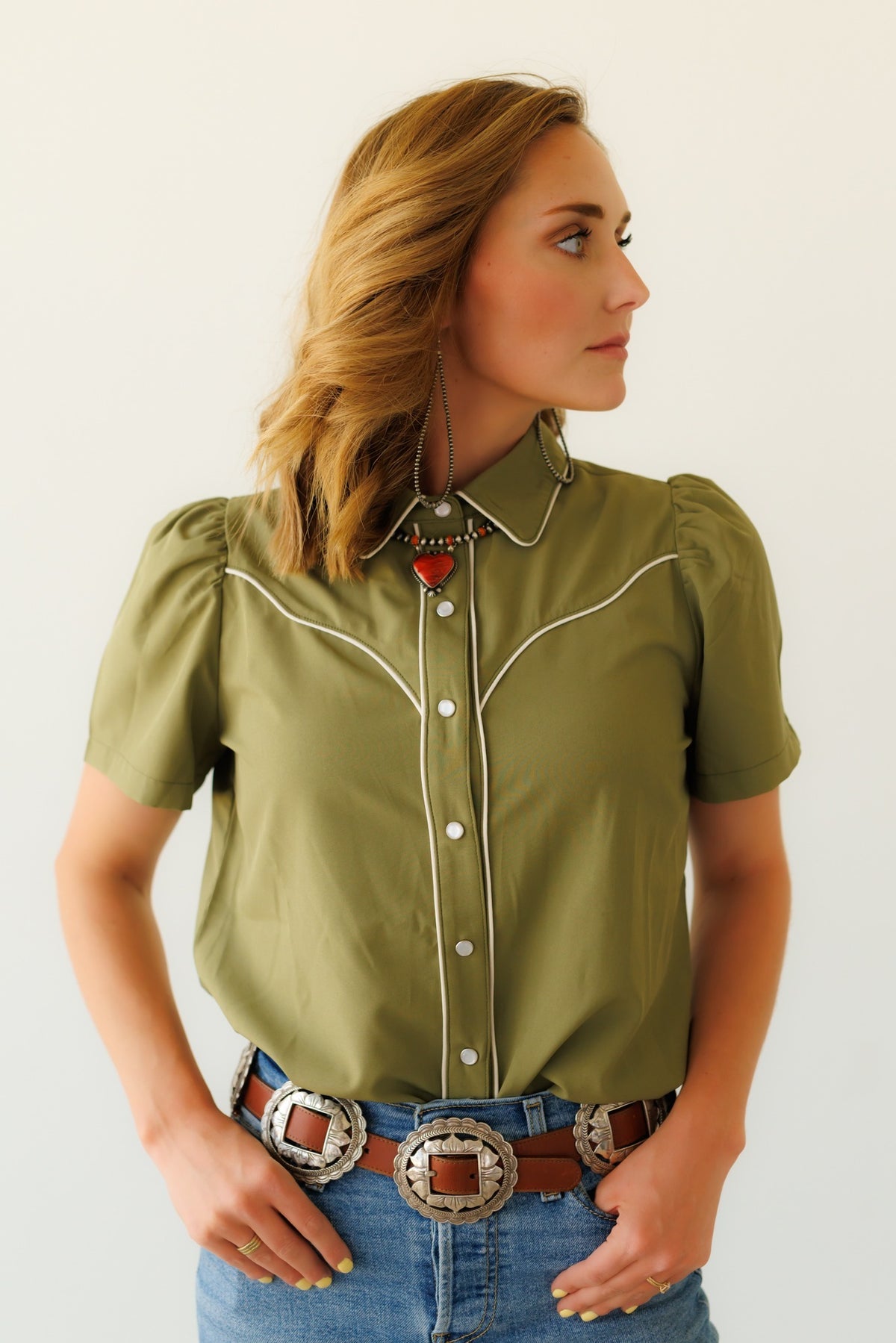 Olive Puff Short Sleeve Pearl Snap Shirt (HH2705)