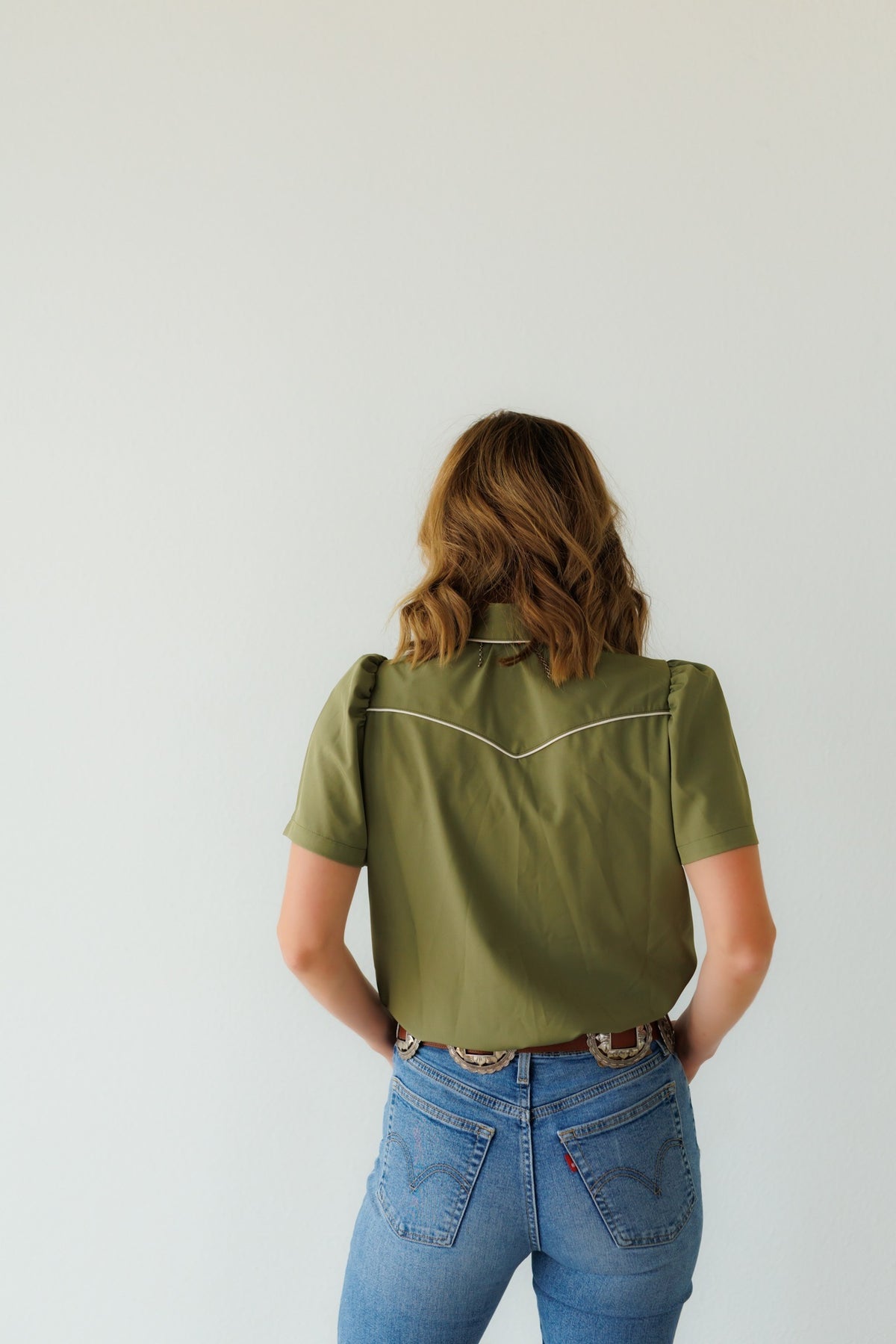 Olive Puff Short Sleeve Pearl Snap Shirt (HH2705)