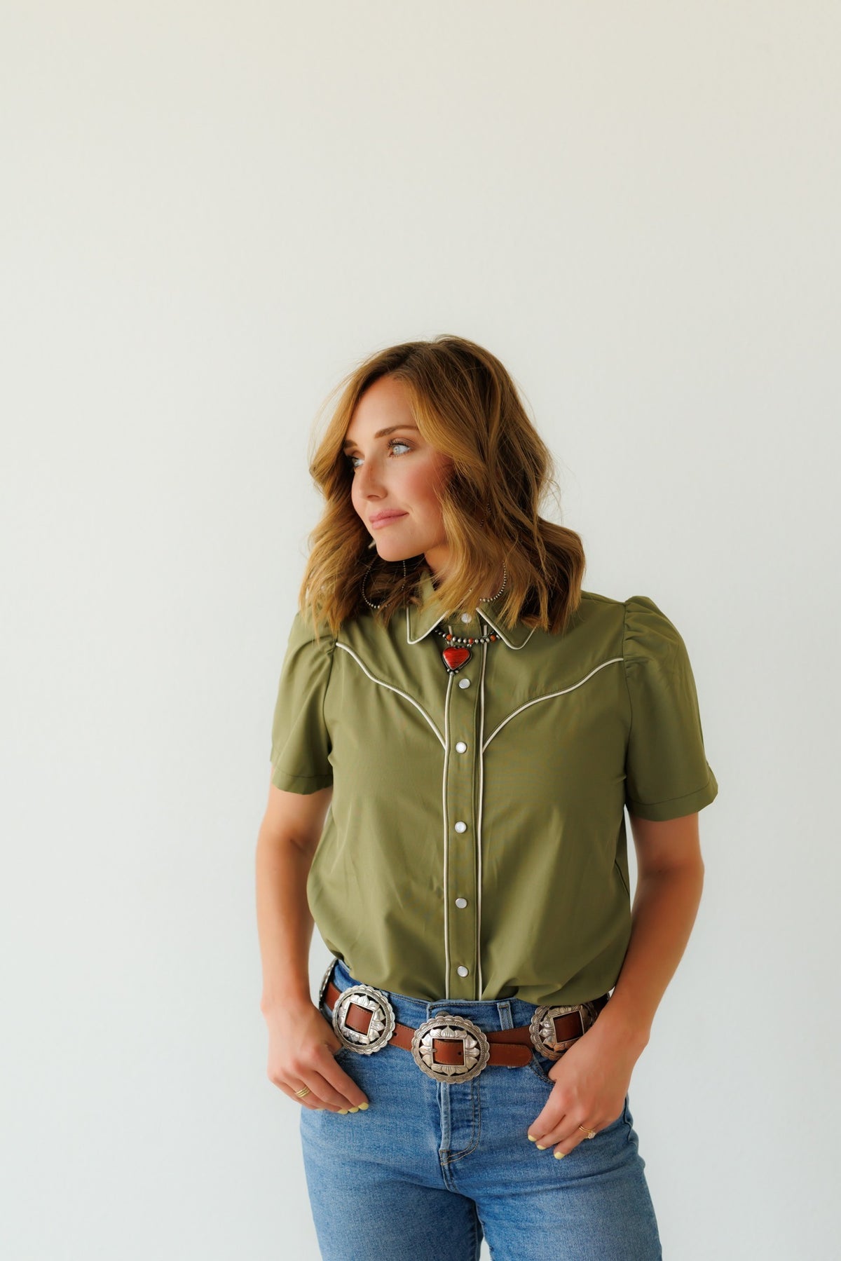 Olive Puff Short Sleeve Pearl Snap Shirt (HH2705)