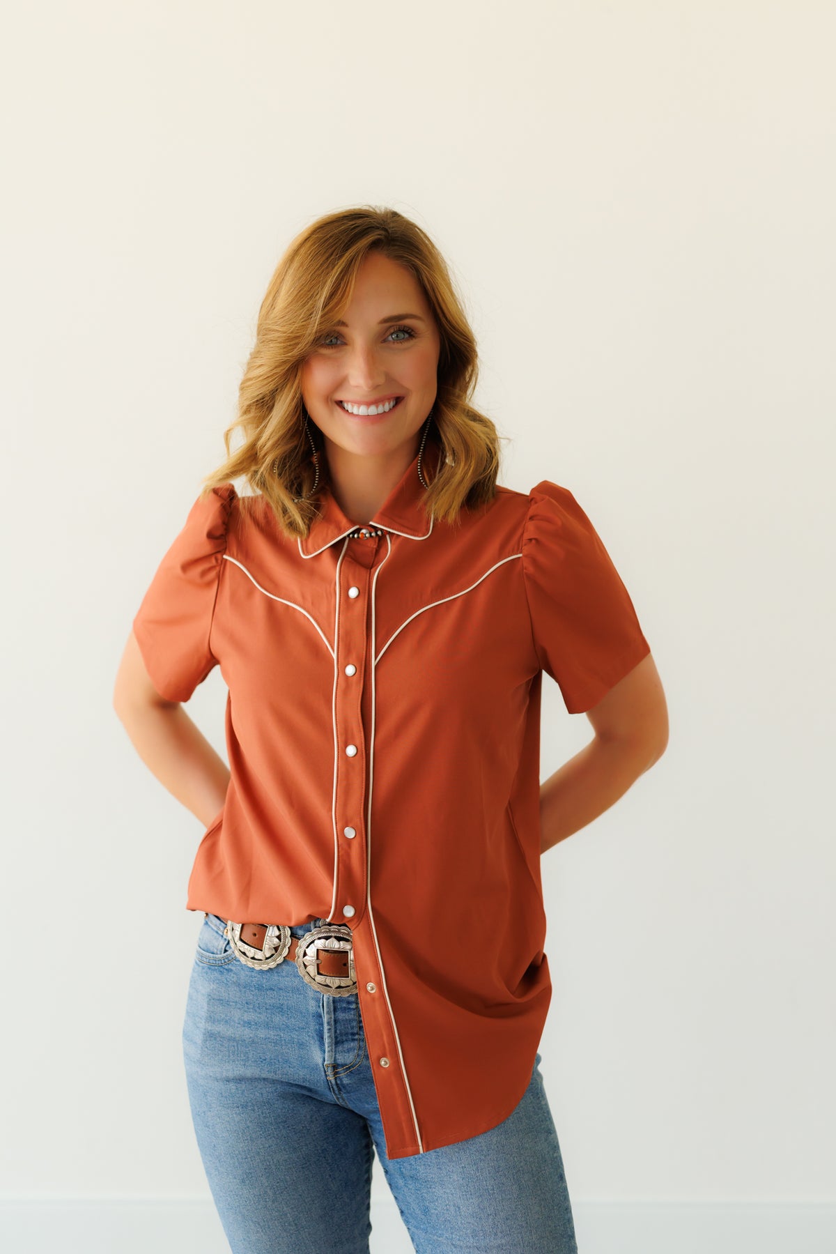 Rust Puff Short Sleeve Pearl Snap Shirt HH2705