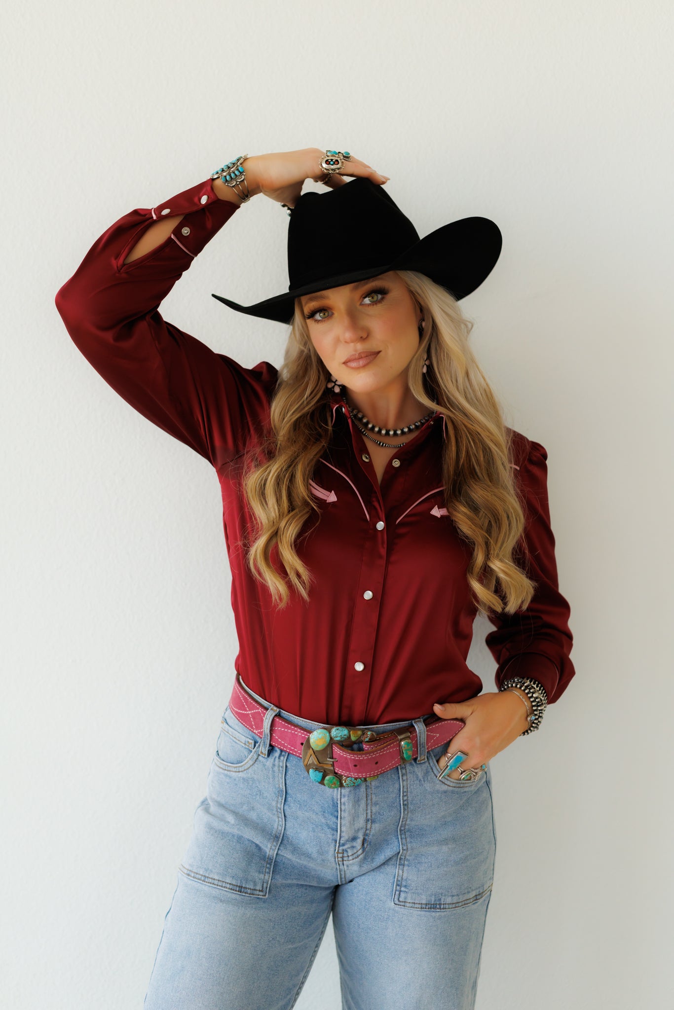 Pearl Snap, Wine/Pink Satin LS HH2708