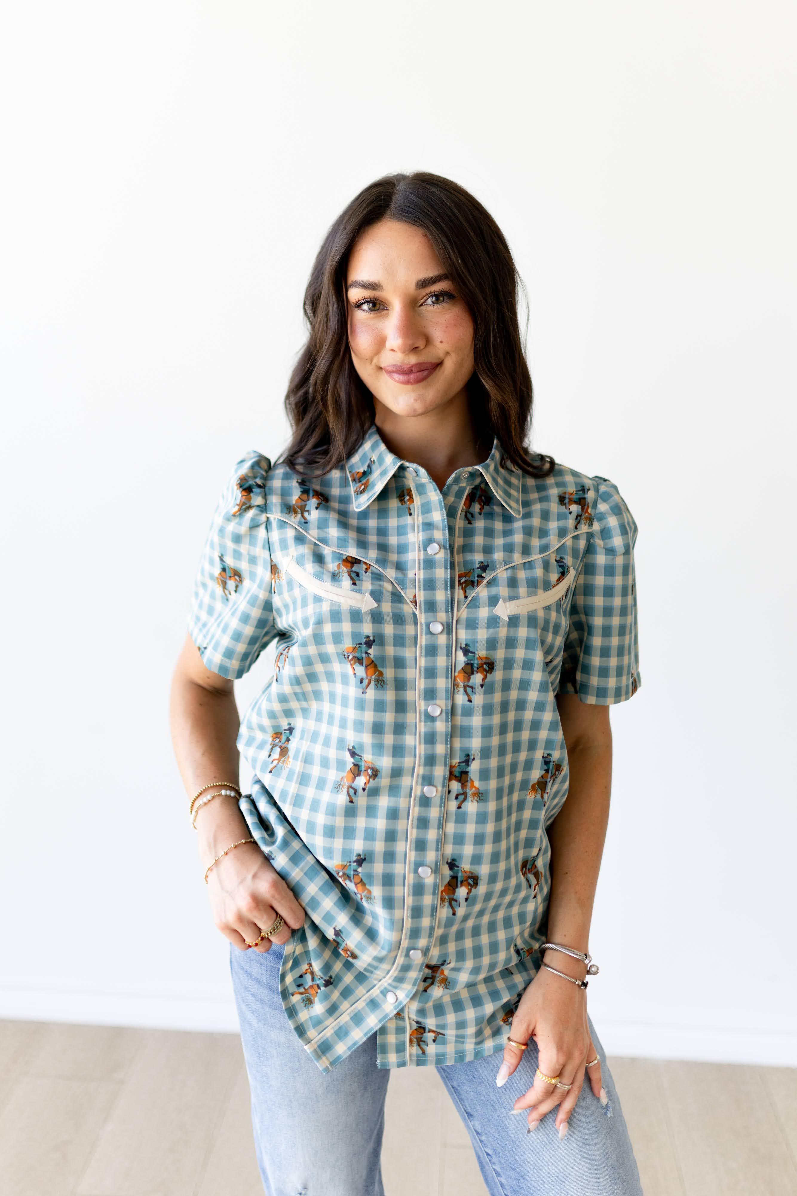 Pearl Snap, Teal Gingham Horse SS HH2707 – Howdy Hanny Retail