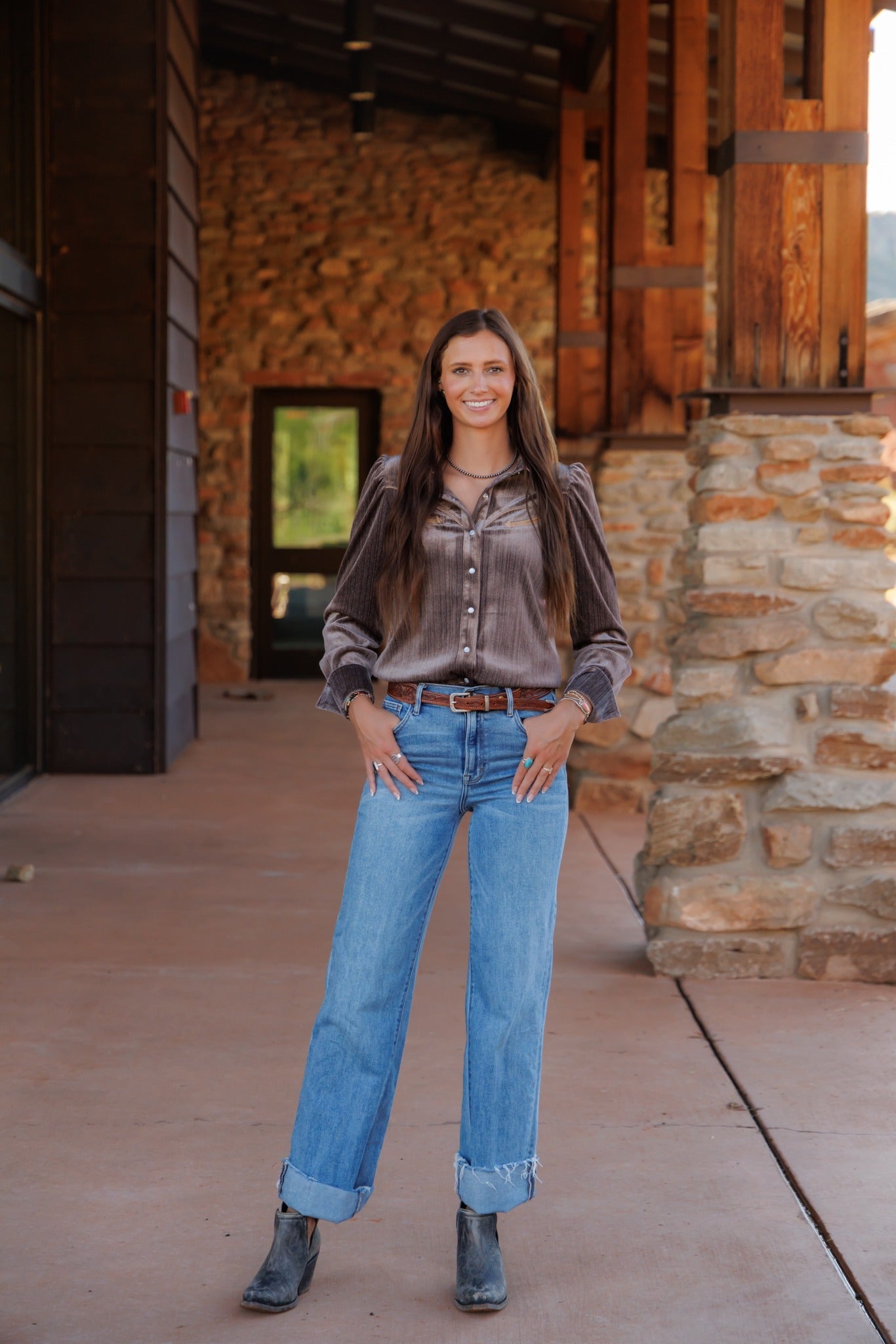 Pearl Snap, Brown Velvet LS HH2732