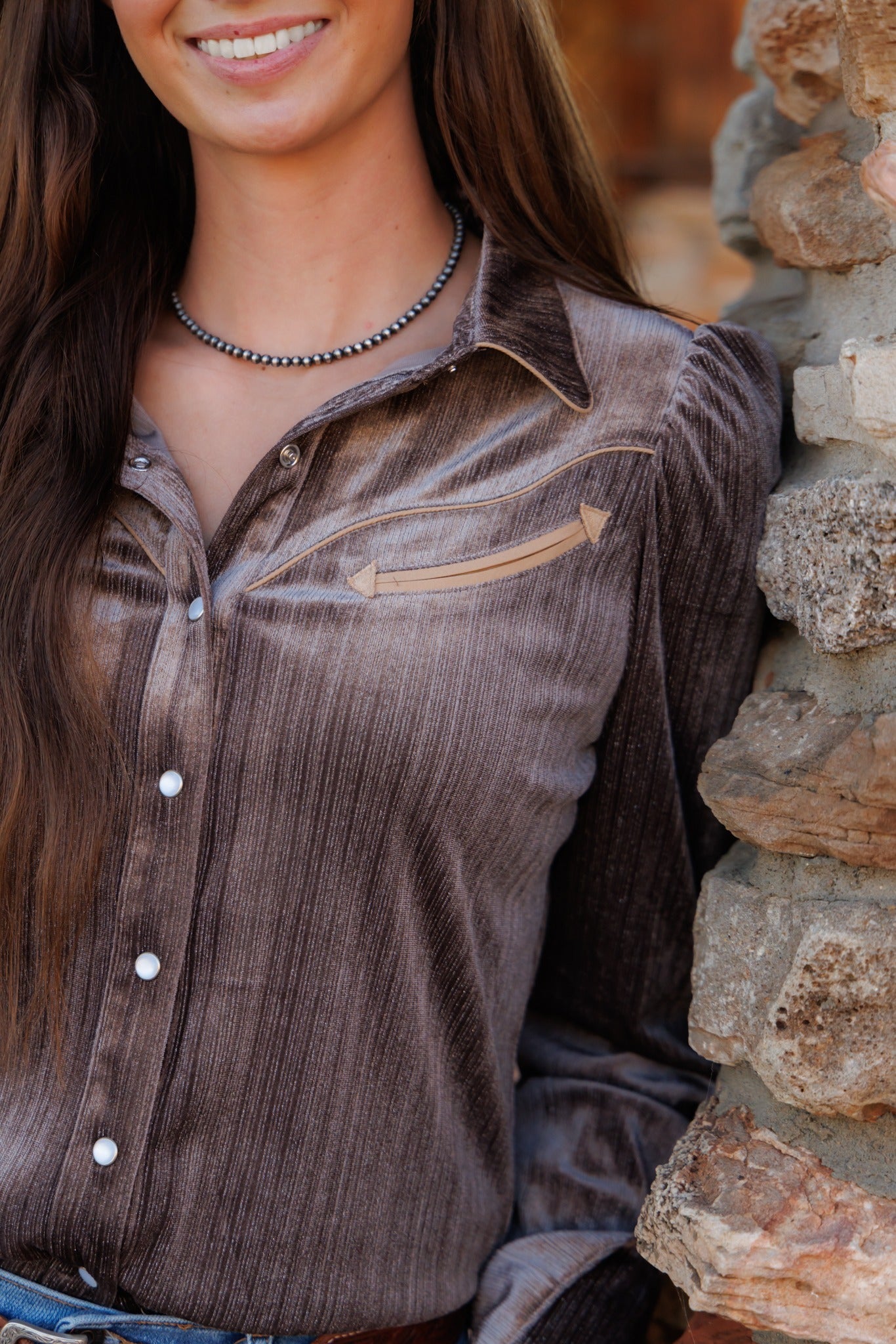 Pearl Snap, Brown Velvet LS HH2732